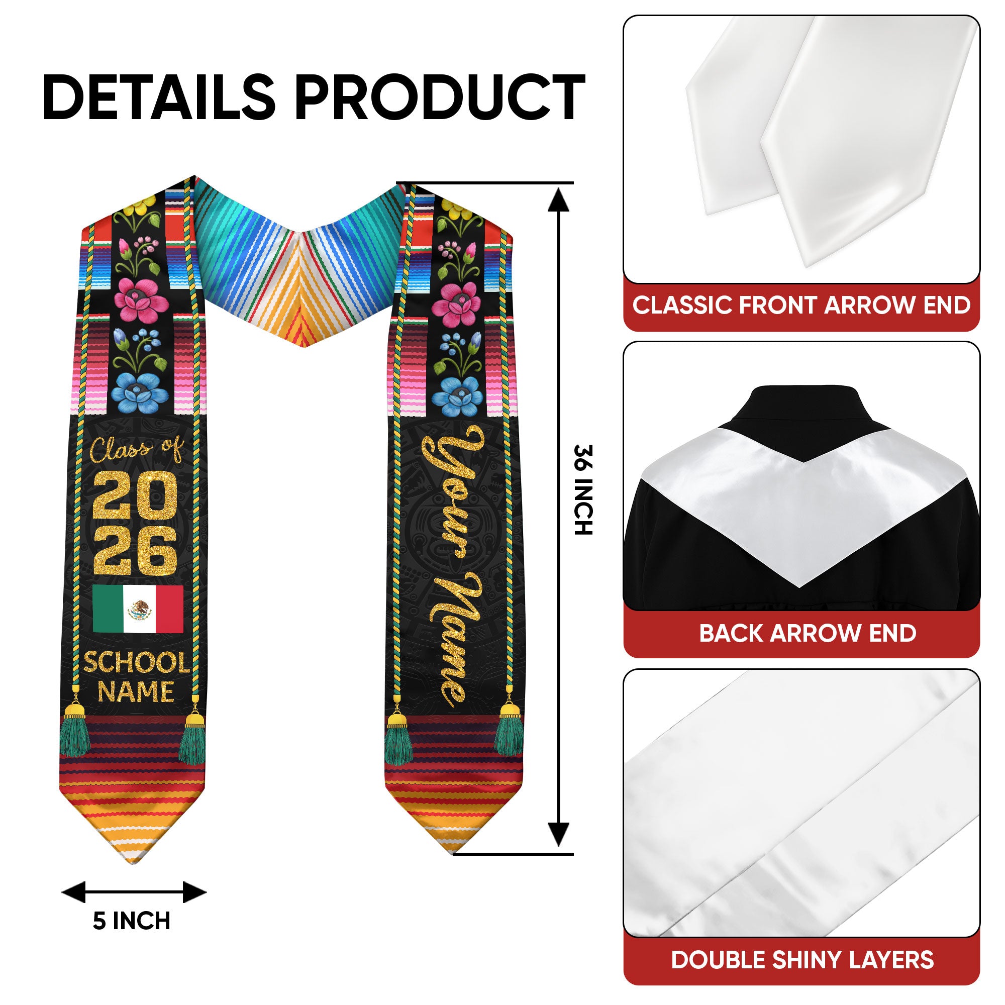 Customized Mexican Flag Graduation Stole 2026, Mexico Graduation Sash for Commencement Class of 2026