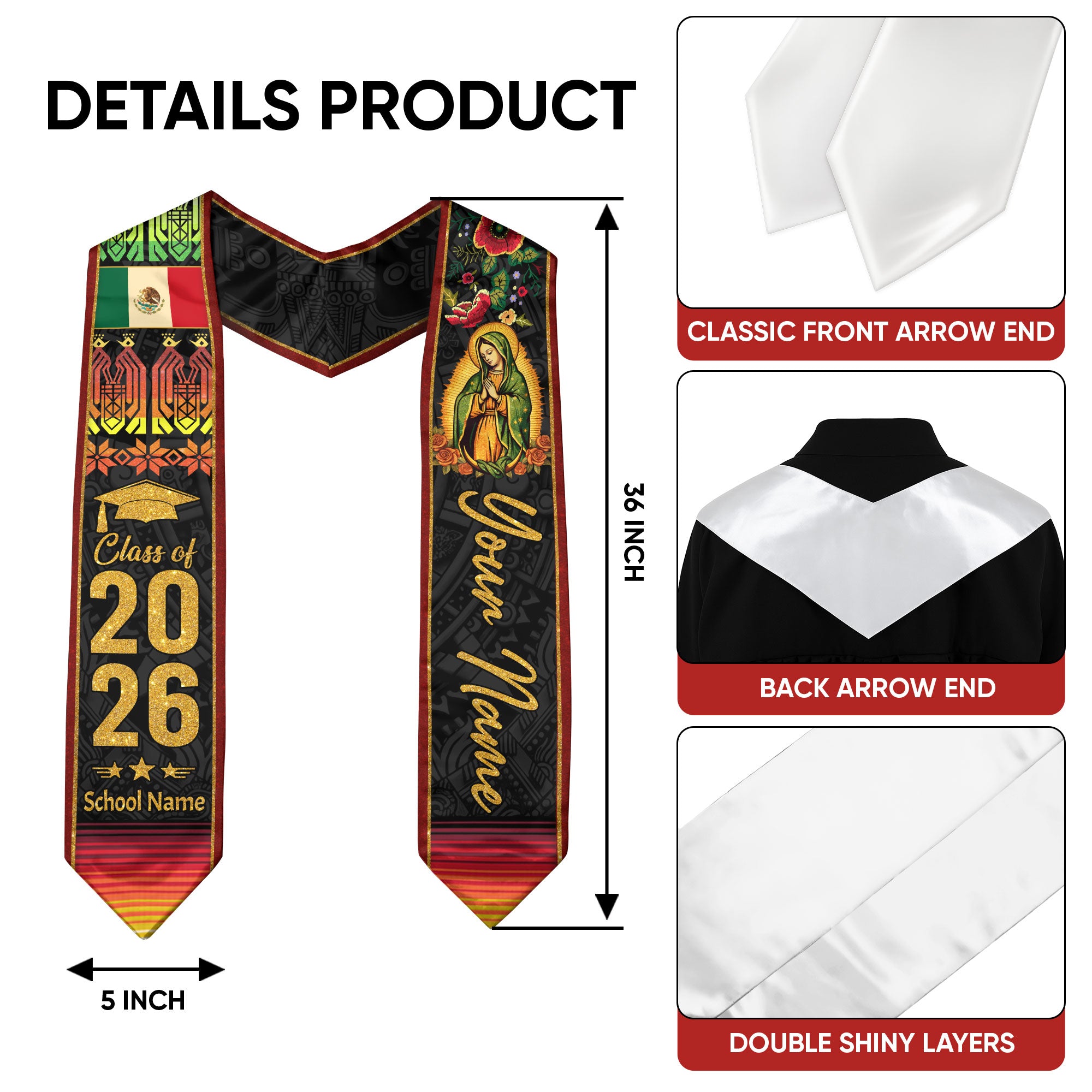 Customized Graduation Stole Mexico 2026, Mexican Flag Sash, Formal Academic Accessory for Graduates