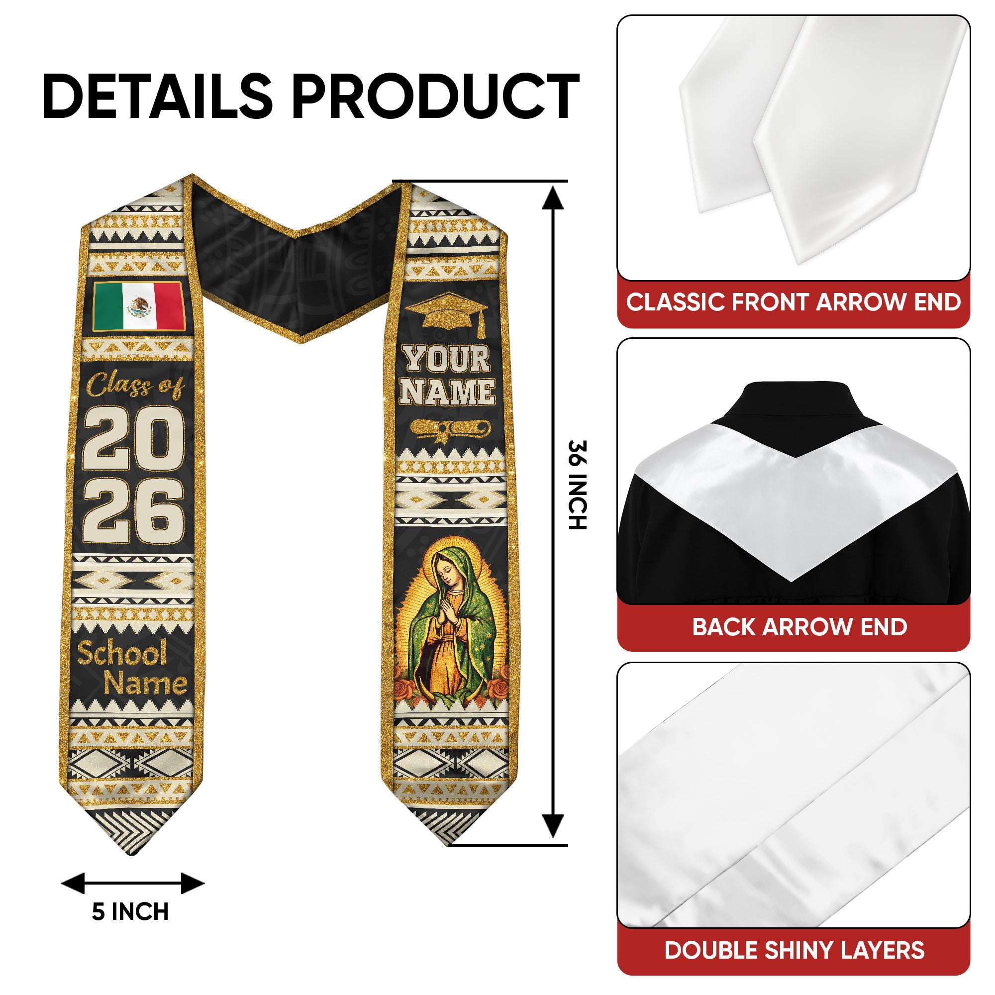 Customized Mexico Flag Graduation Stole 2026, Graduation Sash for Mexican Heritage Class of 2026