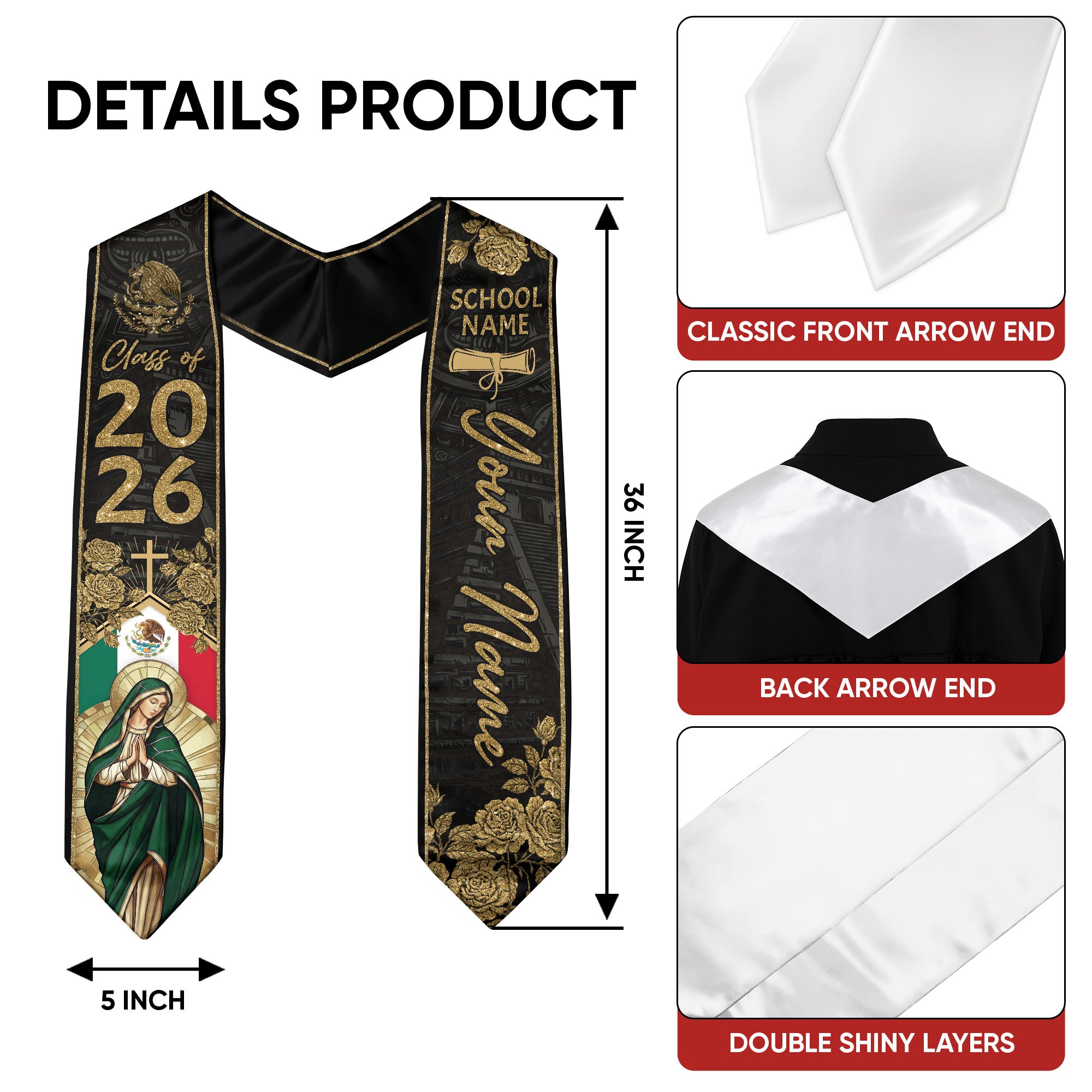 Customized Mexico Graduation Stole 2026, Mexican Flag Sash, Commencement Accessory Class of 2026