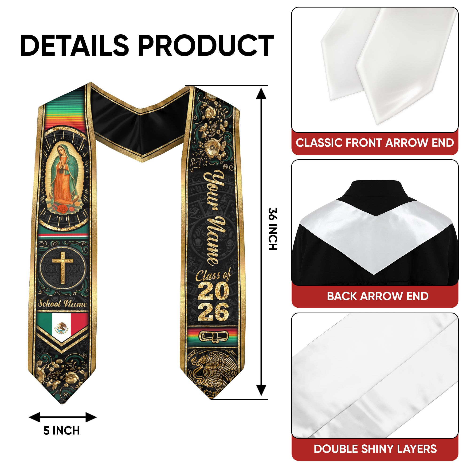 Customized Mexico Graduation Stole with National Flag Detail, Graduation Sash 2026, Class of 2026