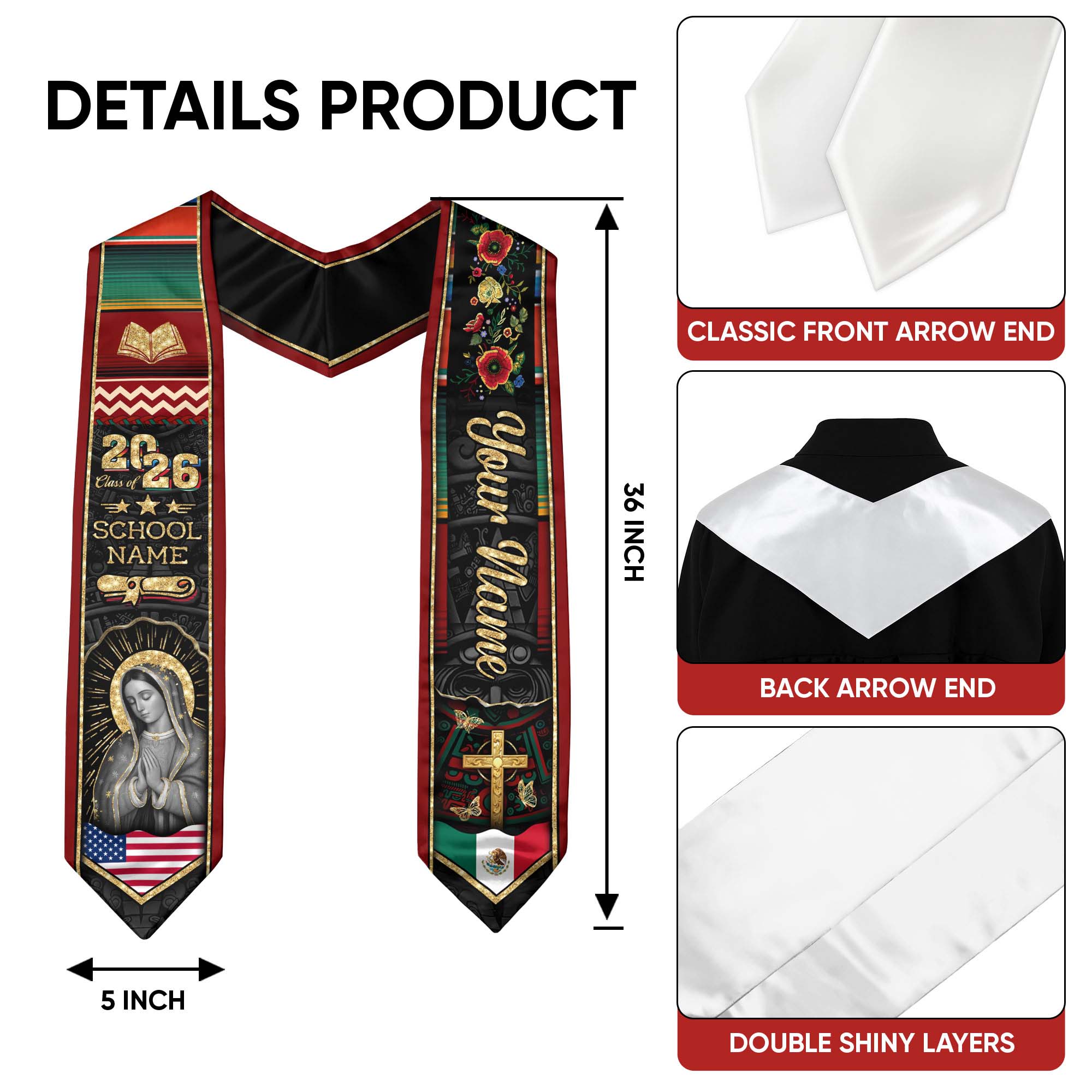 Customized Mexican Graduation Stole Featuring Flag Colors, Graduation Sash for Class of 2026