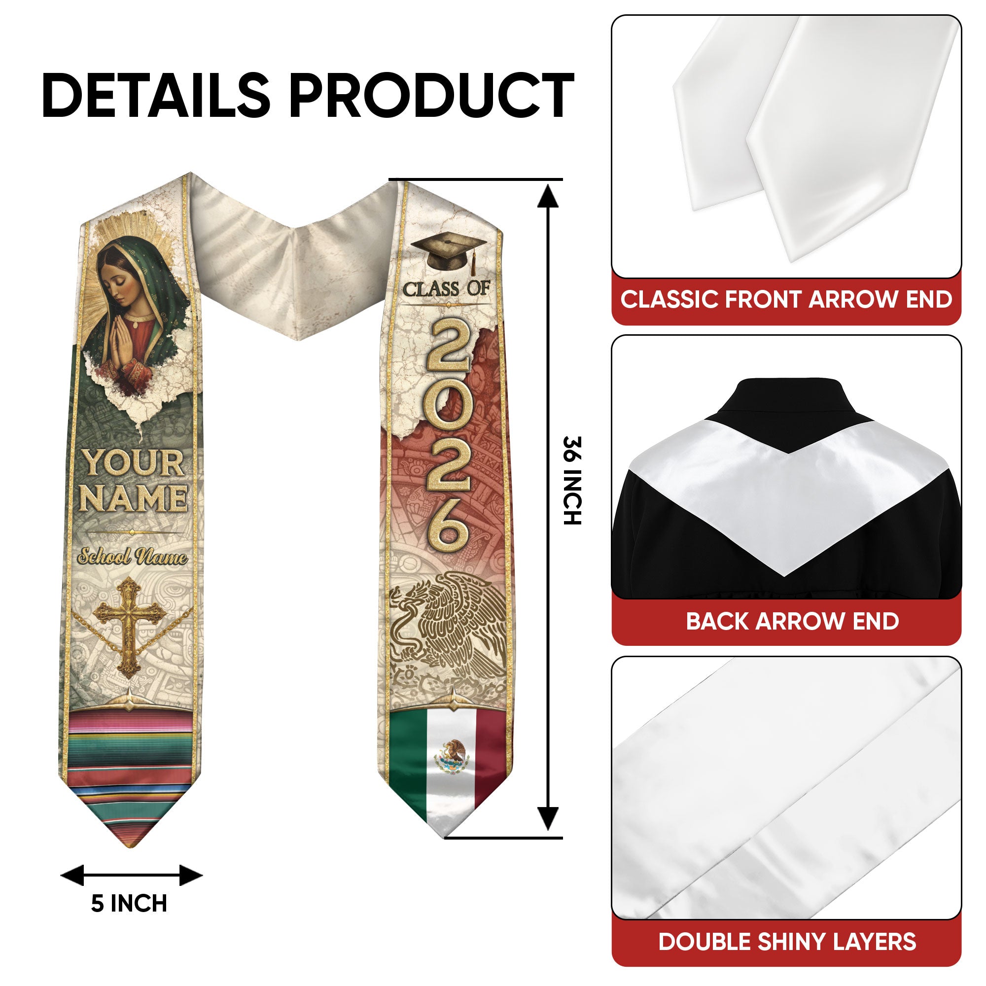 Customized Graduation Stole for Mexico Celebrations, Mexican Flag Sash 2026, Class of 2026