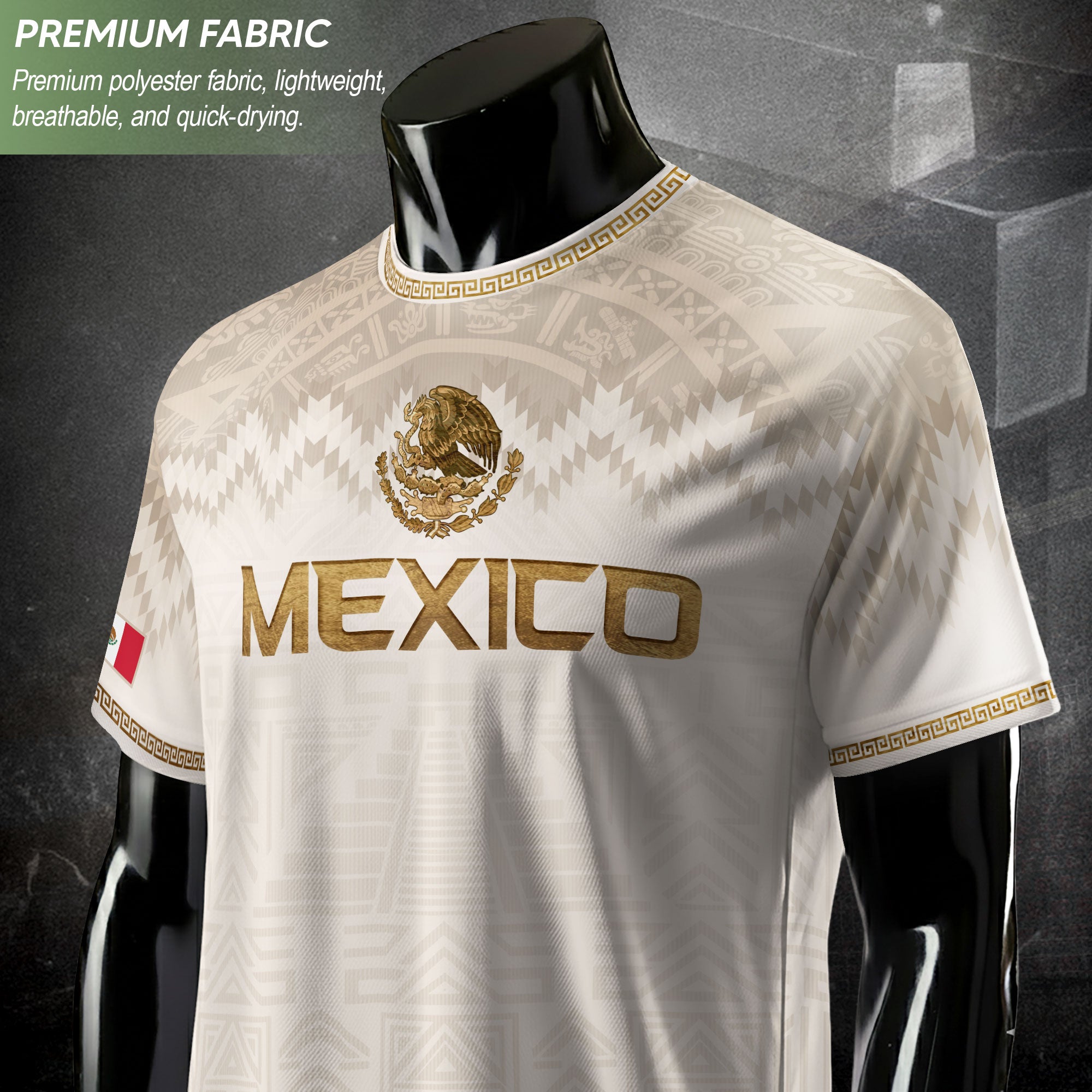 Hung Test Mexico Heritage Orgullo Mexicano Beige Gold Aztec Pyramid Sun Stone Soccer Jersey