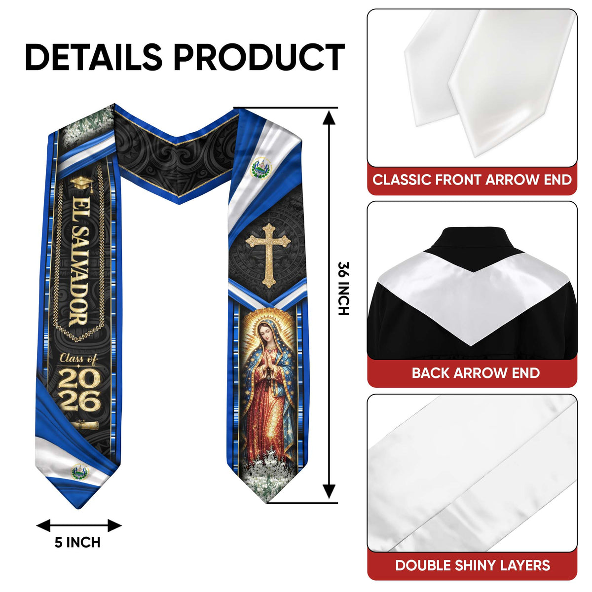 El Salvador Graduation Stole 2026 - Virgin Mary & Cross Class of 2026 Sash