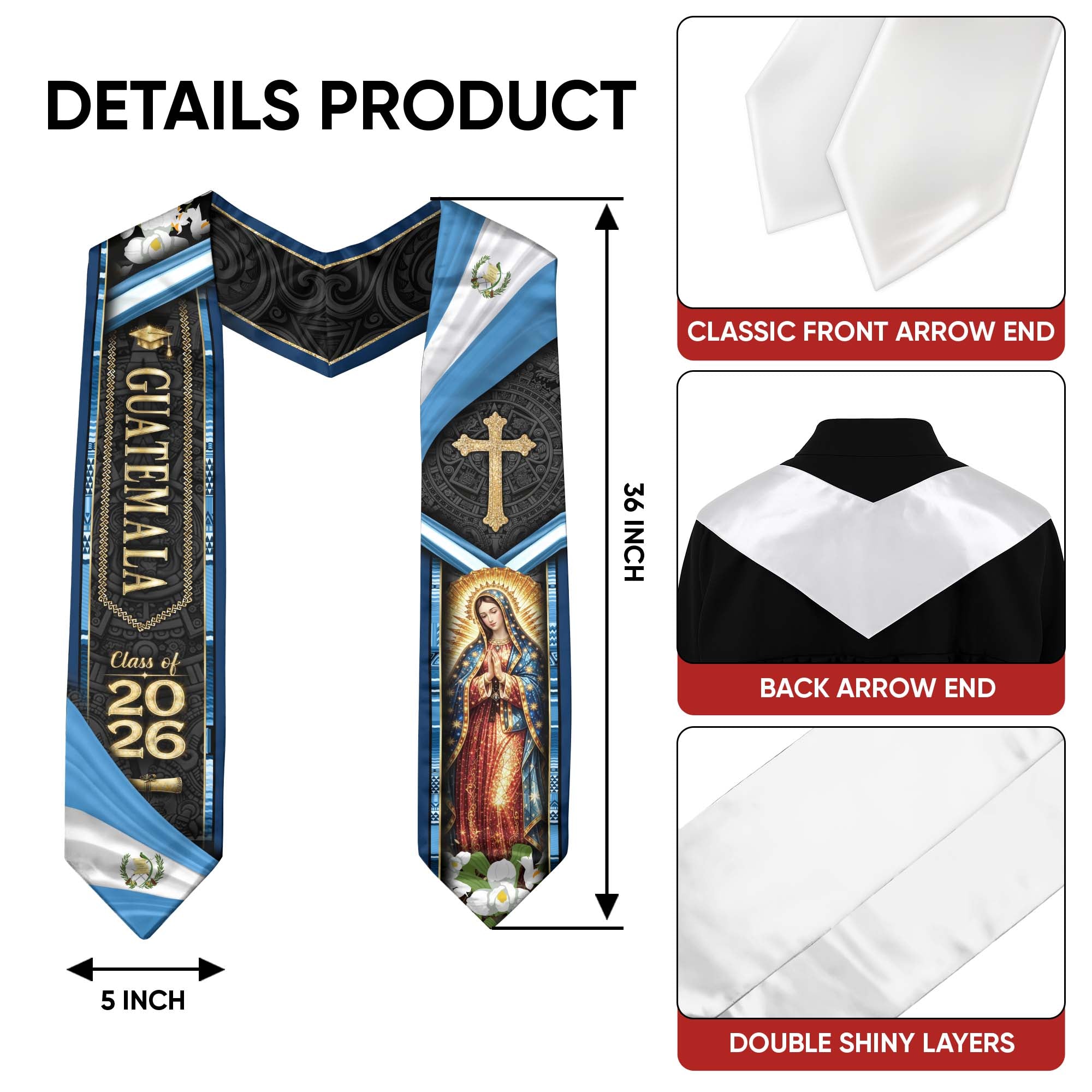 Guatemala Graduation Stole 2026 Virgin Mary Cross Quetzal Bird Blue Gold Graduation Sash Design