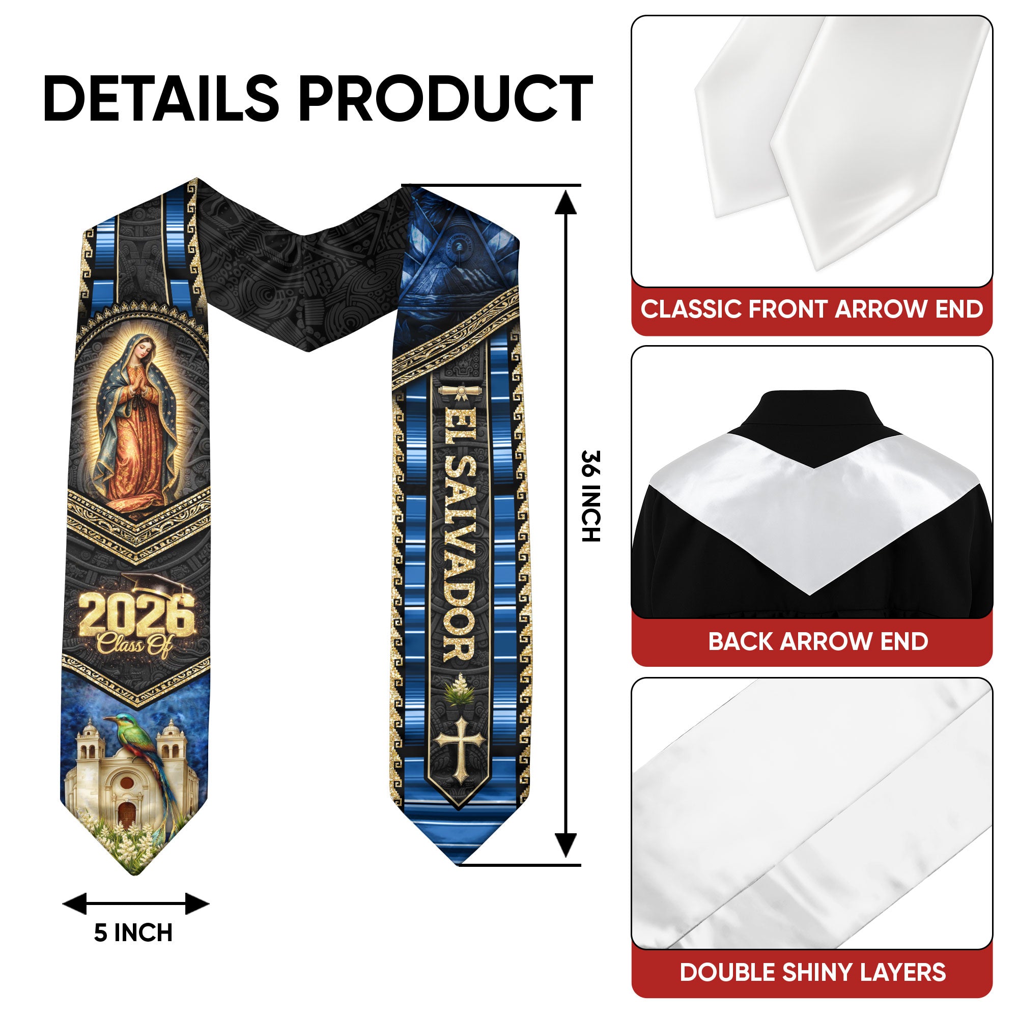 El Salvador Graduation Stole 2026 - Virgin Mary & Torogoz Bird Heritage Sash