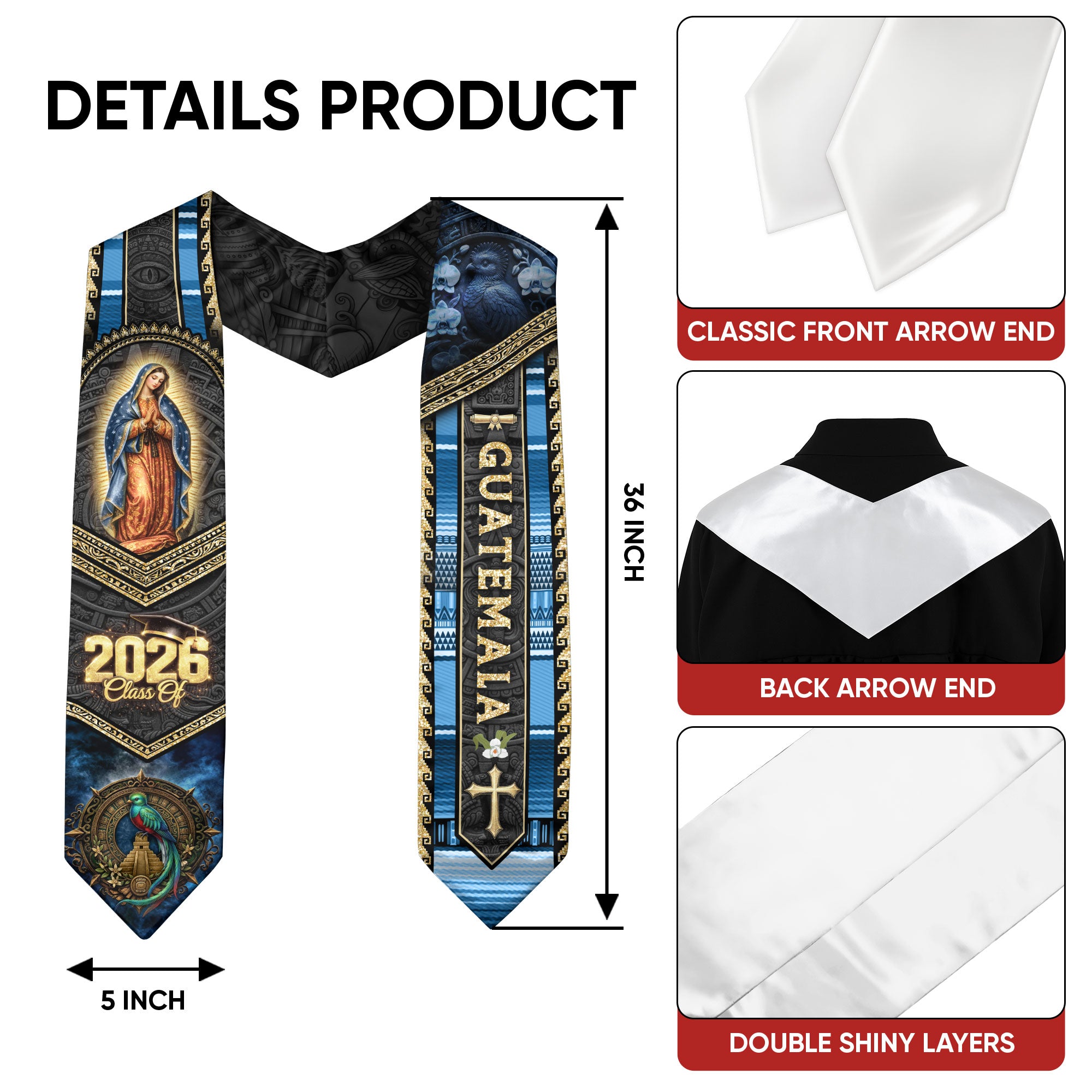 Guatemala Graduation Stole 2026 Catholic Virgin Mary Graduation Sash Blue Gold Cultural Design