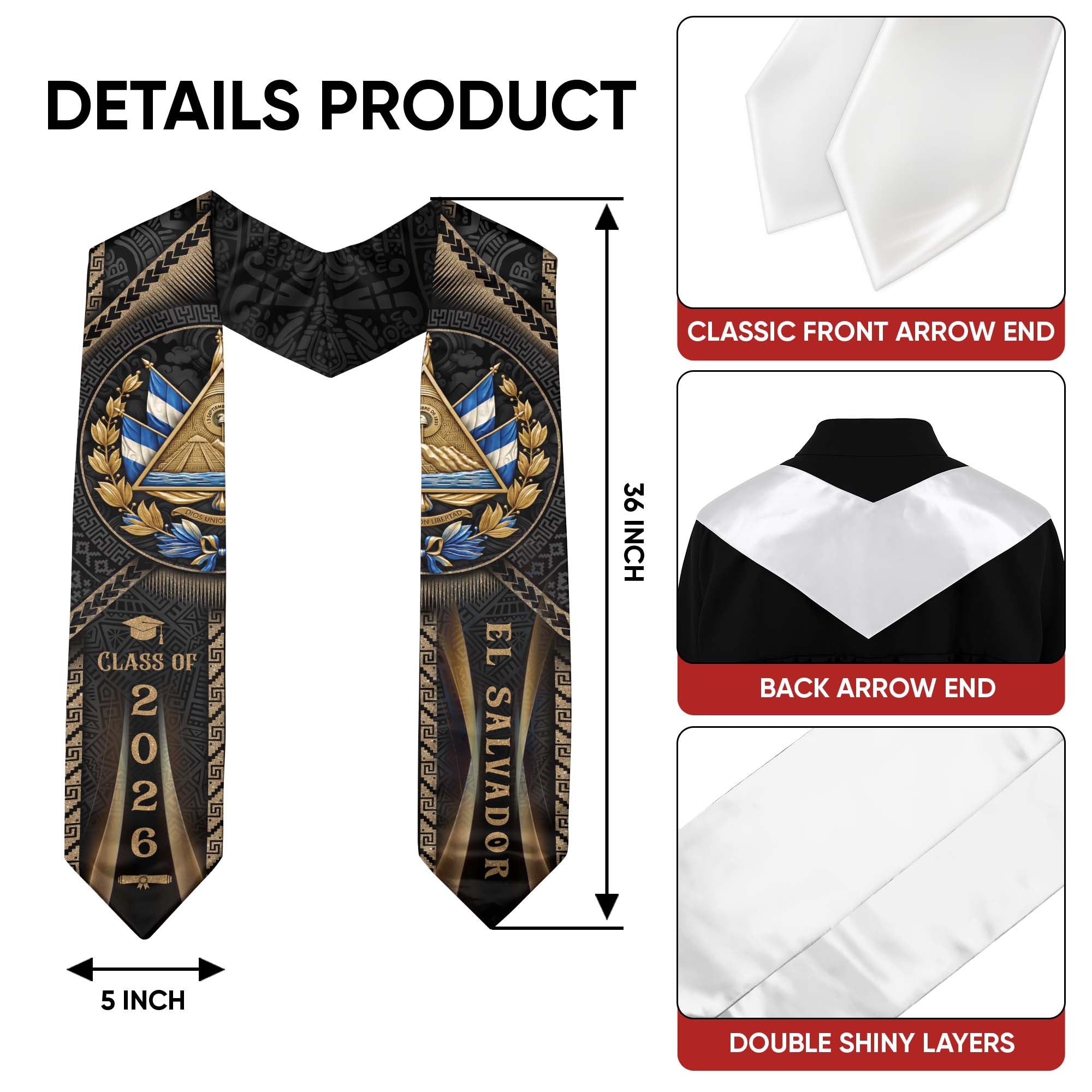 El Salvador Graduation Stole 2026 - Coat of Arms Heritage Sash Class of 2026