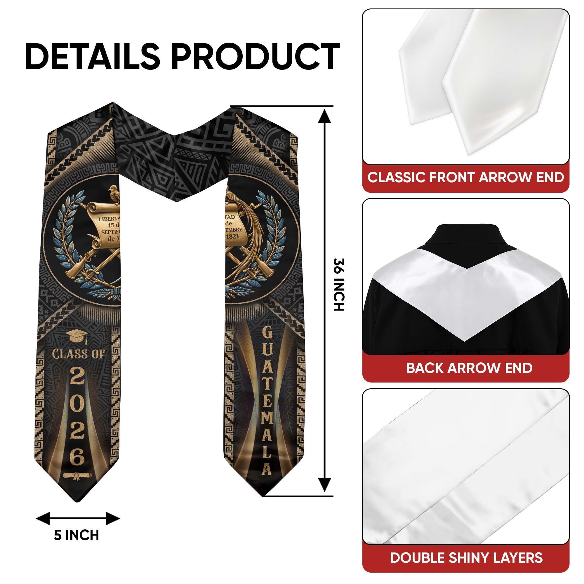 Guatemala Graduation Stole 2026 National Emblem Quetzal Laurel Gold Graduation Sash Design