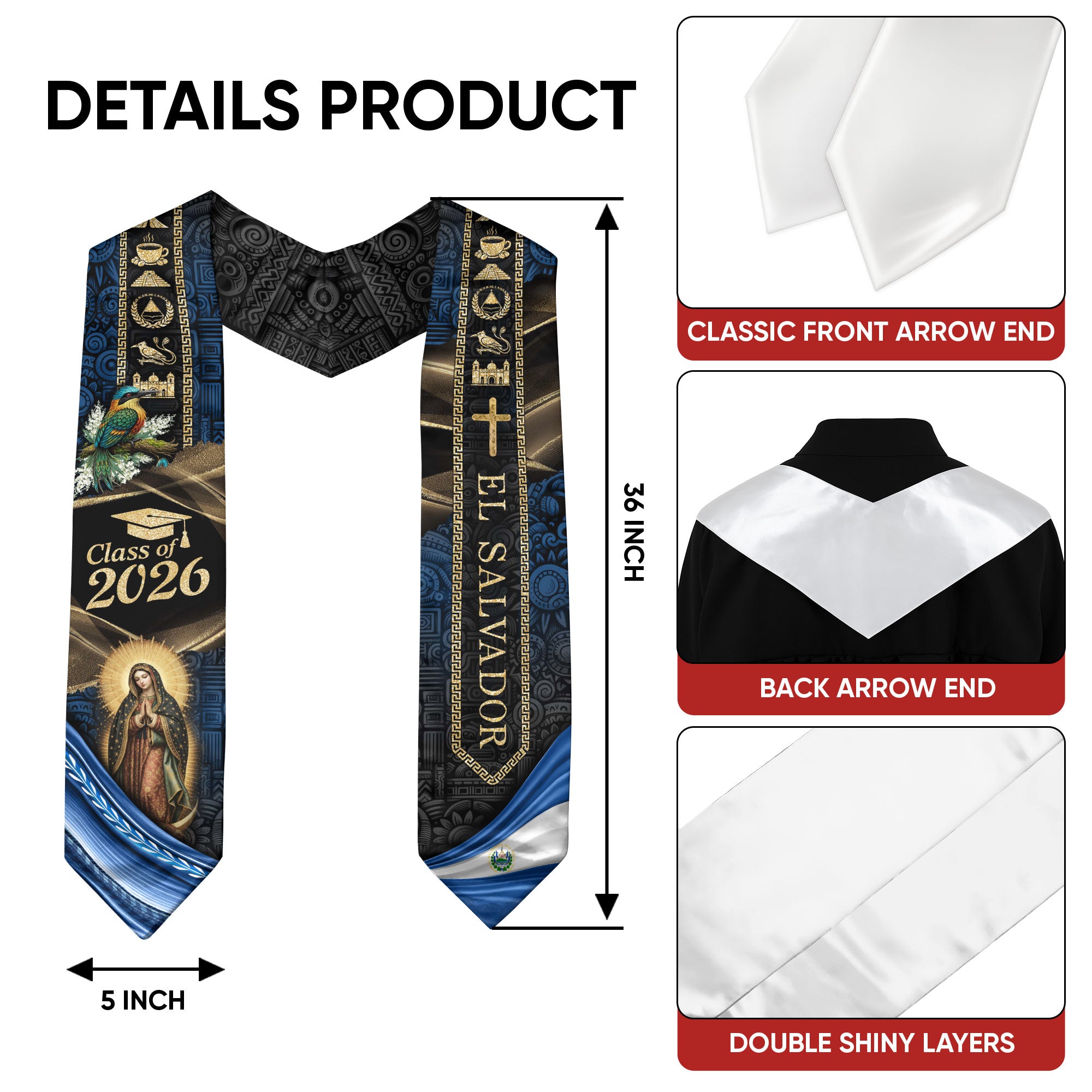El Salvador Stole Class of 2026 - Our Lady of Guadalupe & Culture Sash
