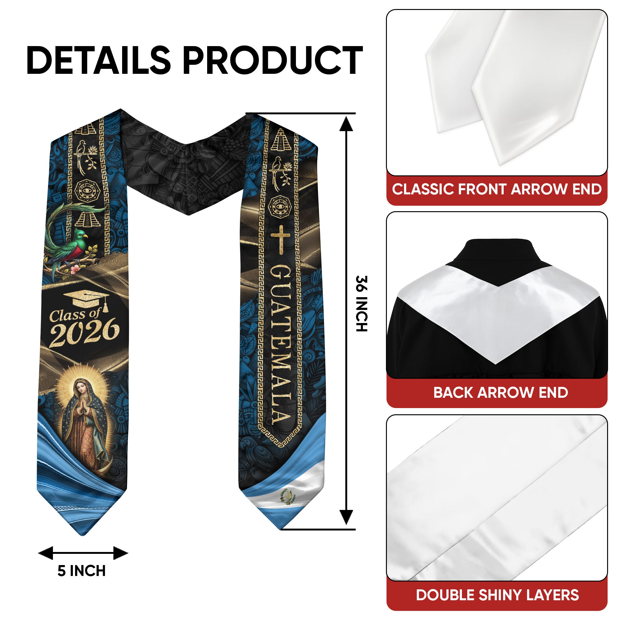Guatemala Graduation Stole 2026 Virgin Mary Cross Quetzal Mayan Cultural Blue Gold Design