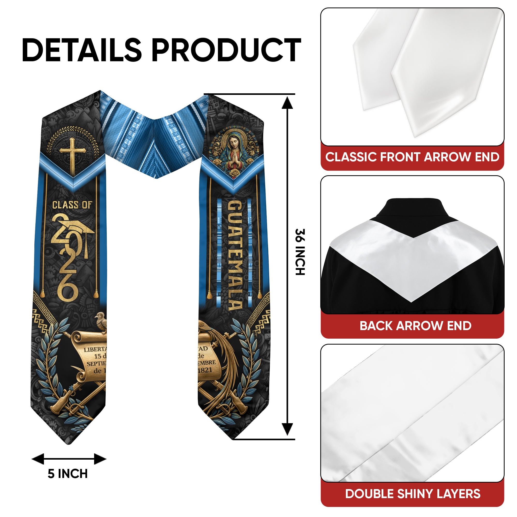 Guatemala Graduation Stole 2026 National Emblem Virgin Mary Cross Blue Academic Design