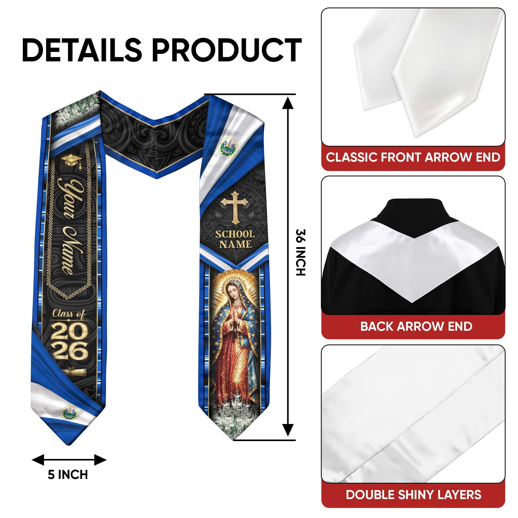 Personalized El Salvador Graduation Sash 2026 - Virgin Mary Heritage Stole