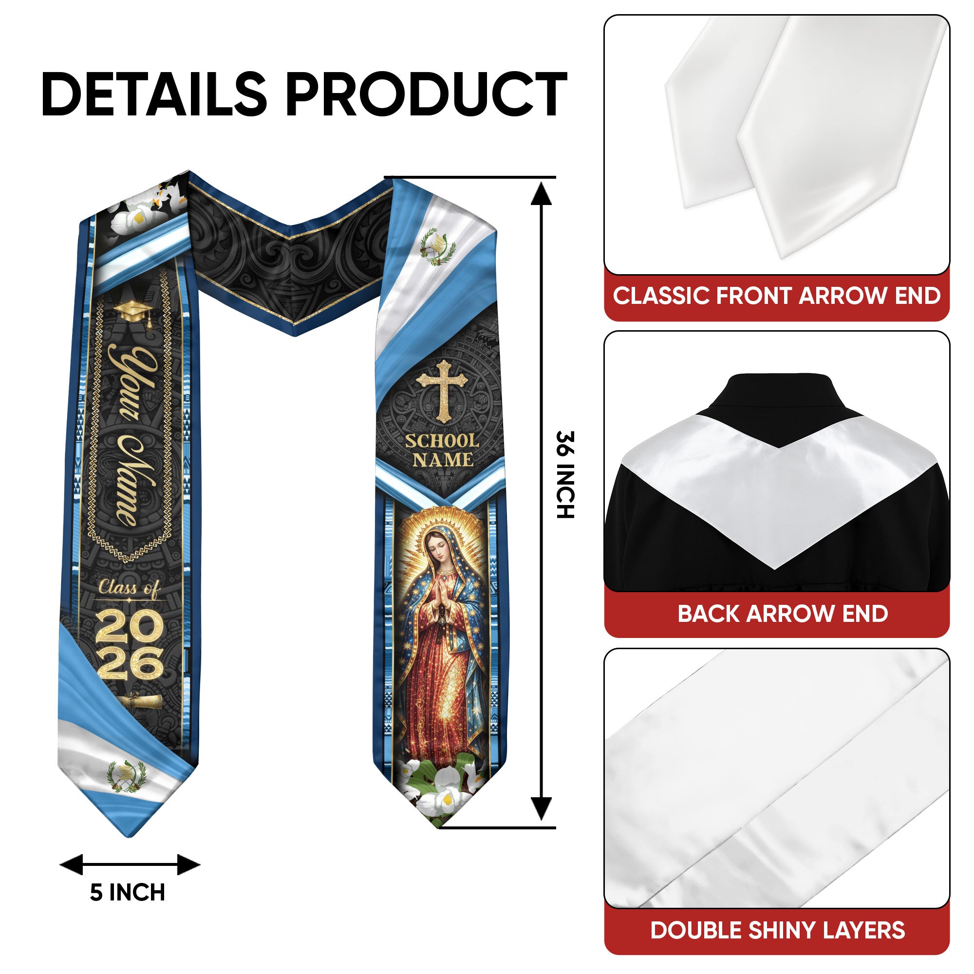 Guatemala Graduation Stole Custom 2026 Guadalupe Cross Flag Blue Sash Gift