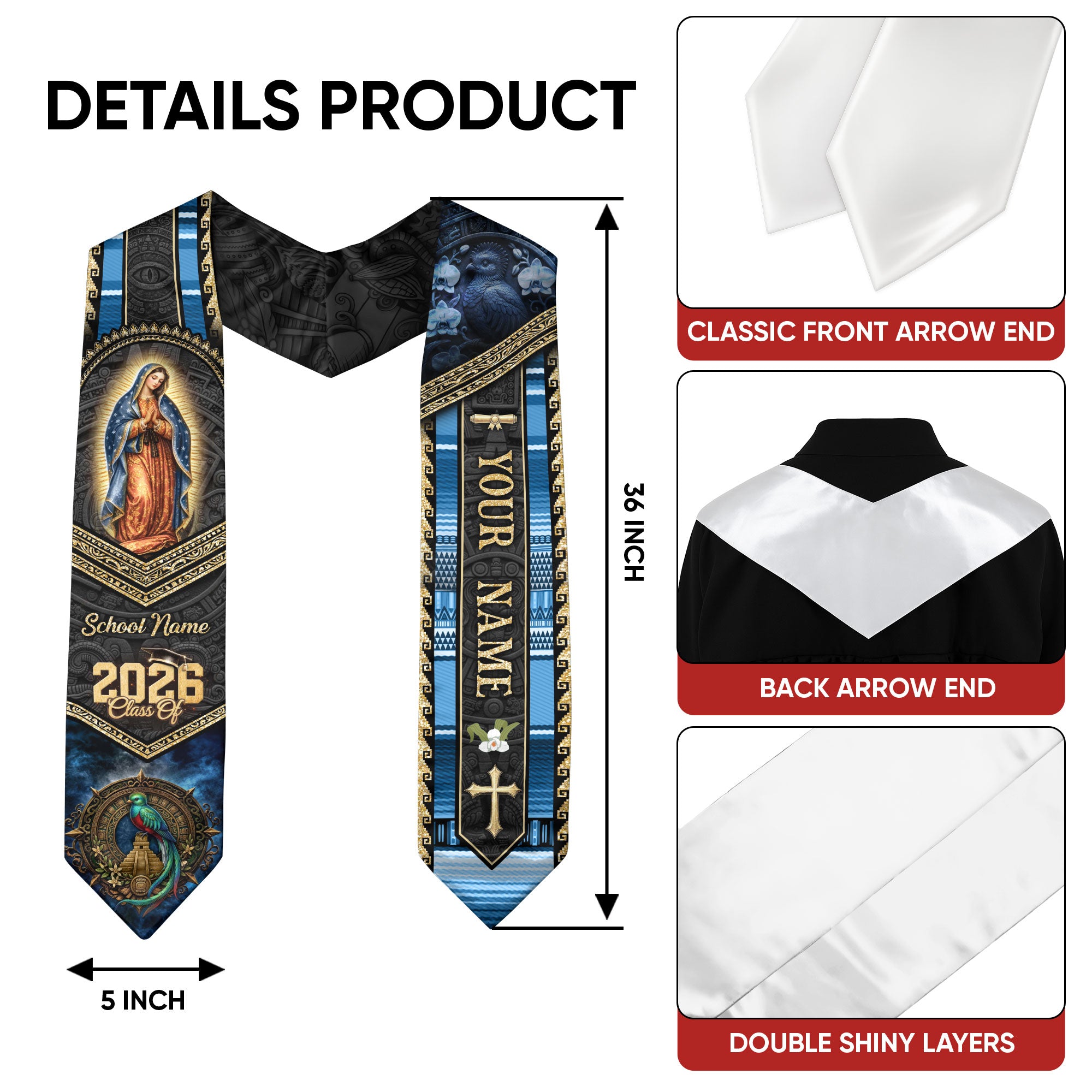 Guatemala Class of 2026 Graduation Stole Custom Name Guadalupe Cross Sash