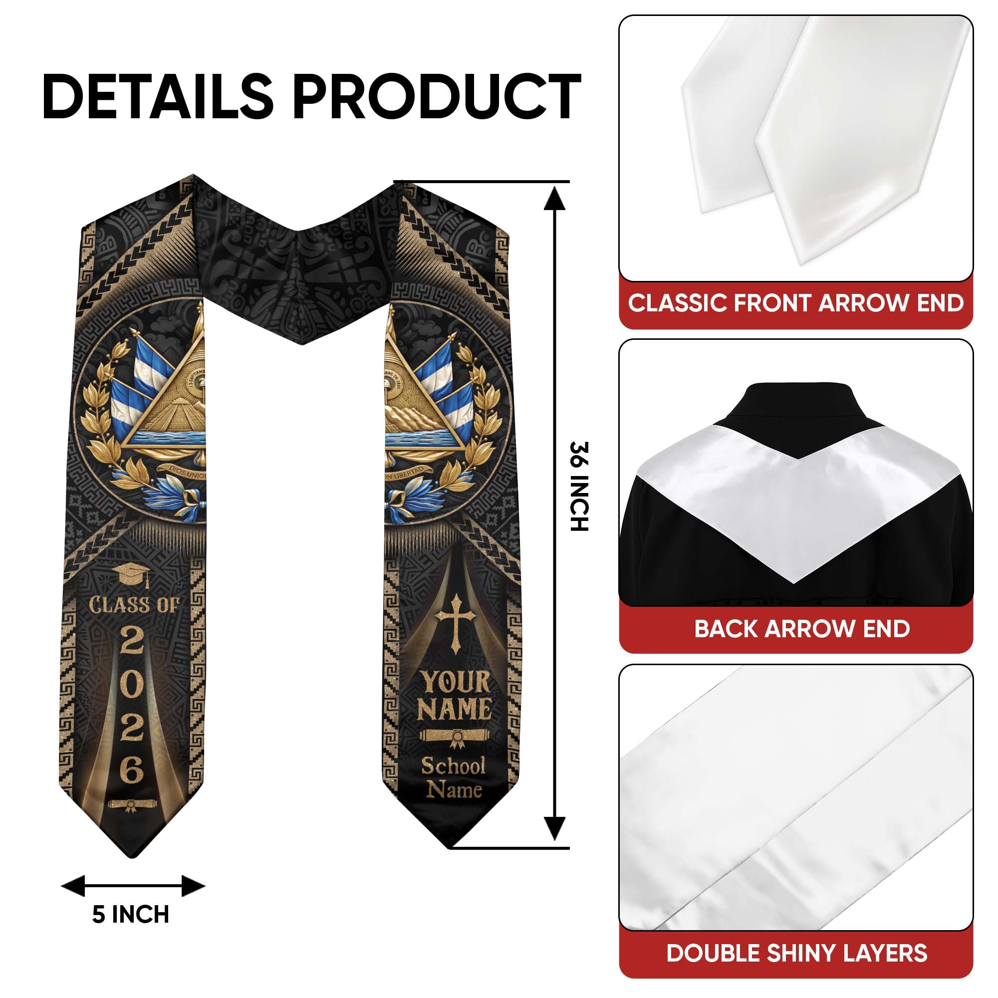 El Salvador Graduation Stole Class of 2026 - Personalized Coat of Arms Heritage Sash