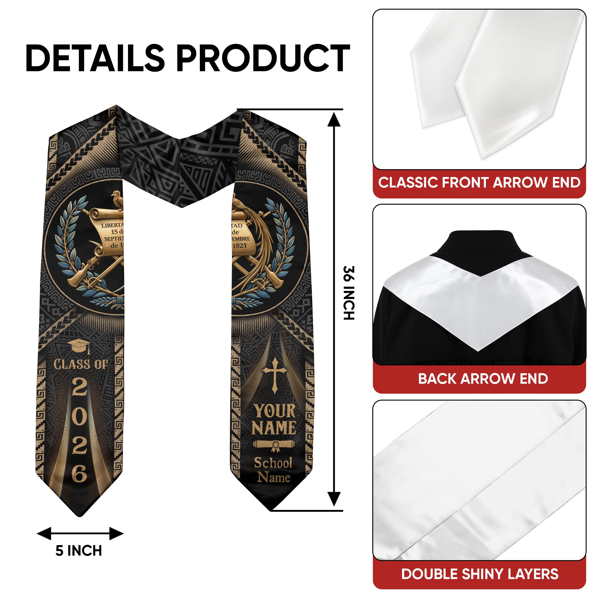 Personalized Guatemala Graduation Stole - Custom Name School Maya Heritage Quetzal Sash