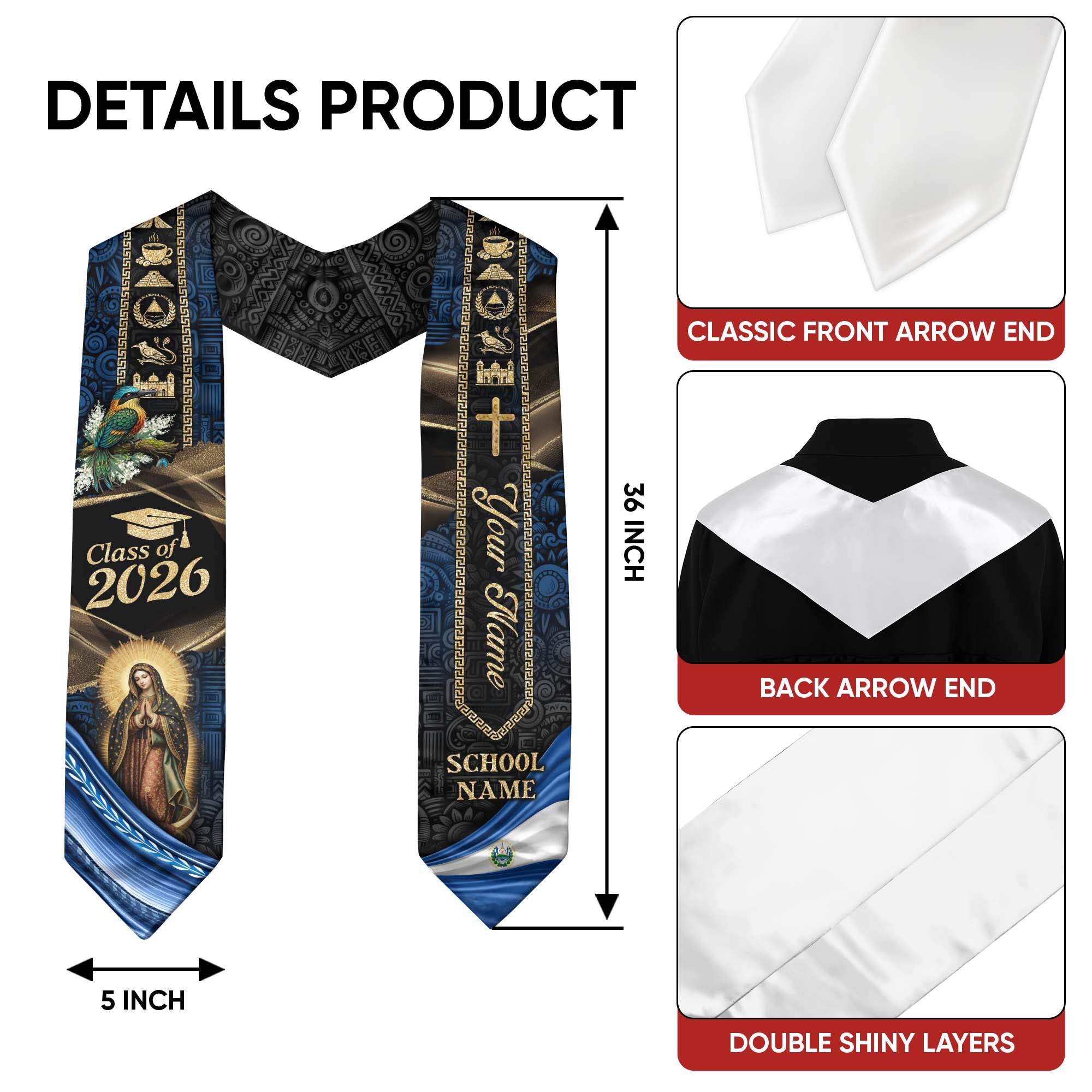 Custom Name El Salvador Graduation Stole Class of 2026 - Torogoz Heritage Sash