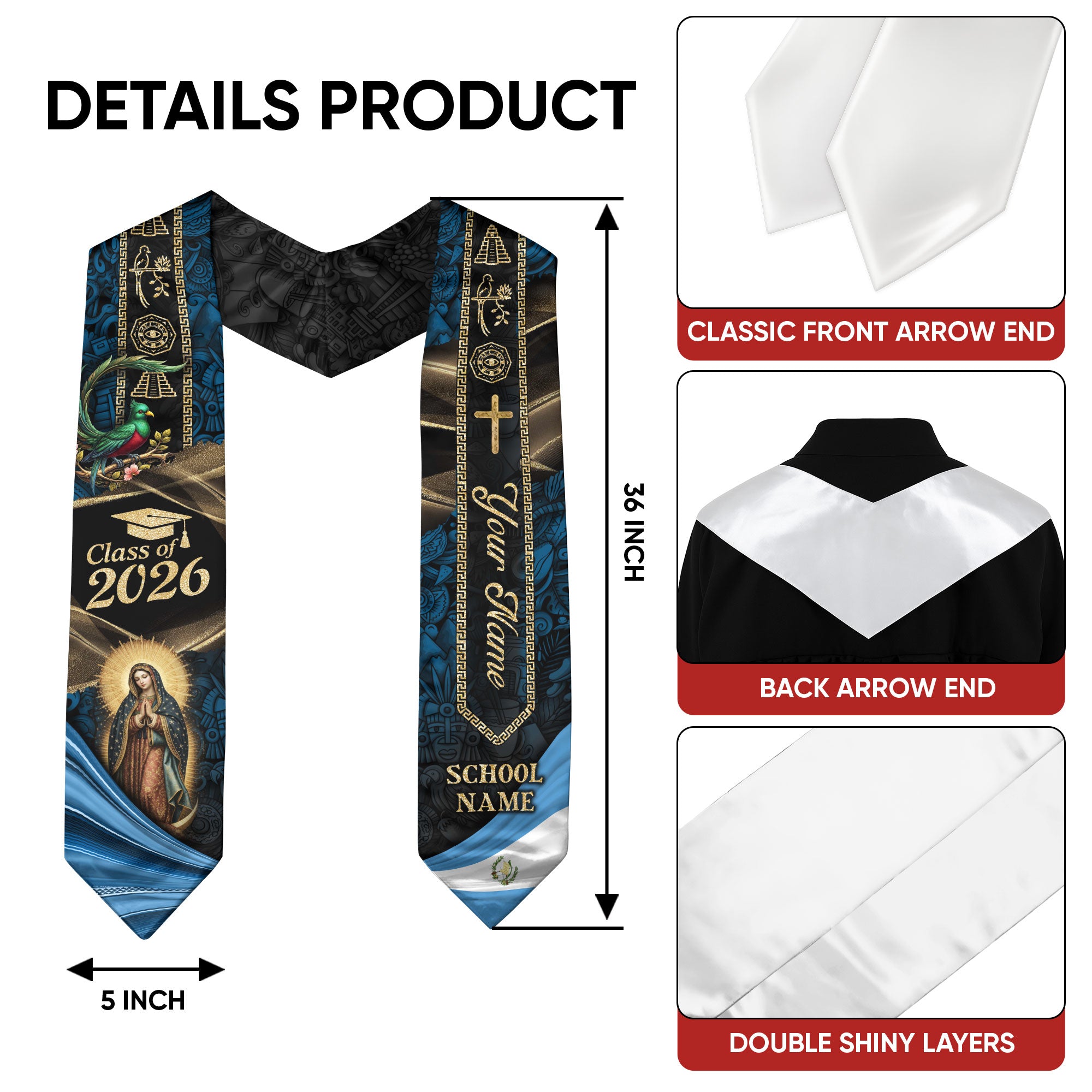 Custom Guatemala Graduation Stole 2026 - Personalized Name School Quetzal Maya Sash