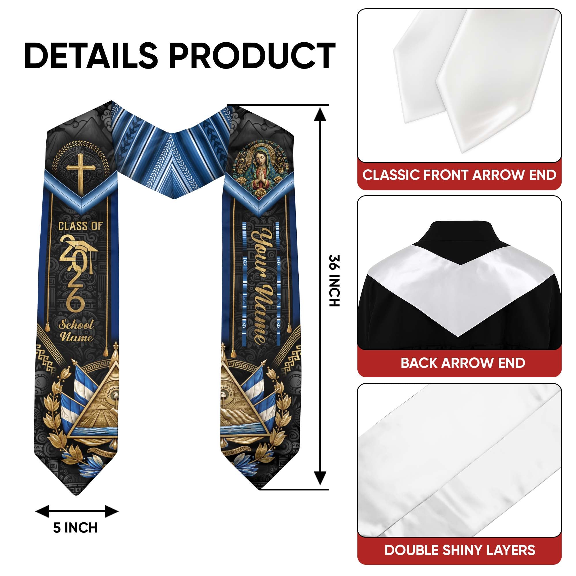 El Salvador Graduation Stole 2026 - Personalized Name Gold Cross Heritage Sash
