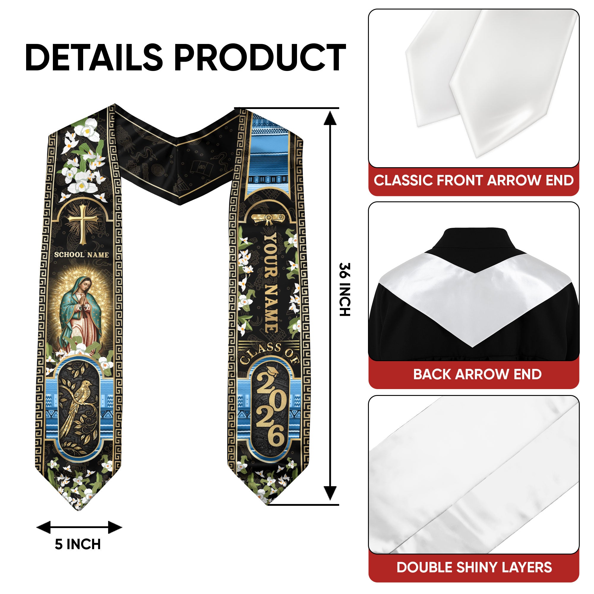 Customized Guatemala Graduation Stole Class of 2026 Personalized Name School Virgin Mary Cross Elegant Floral Style