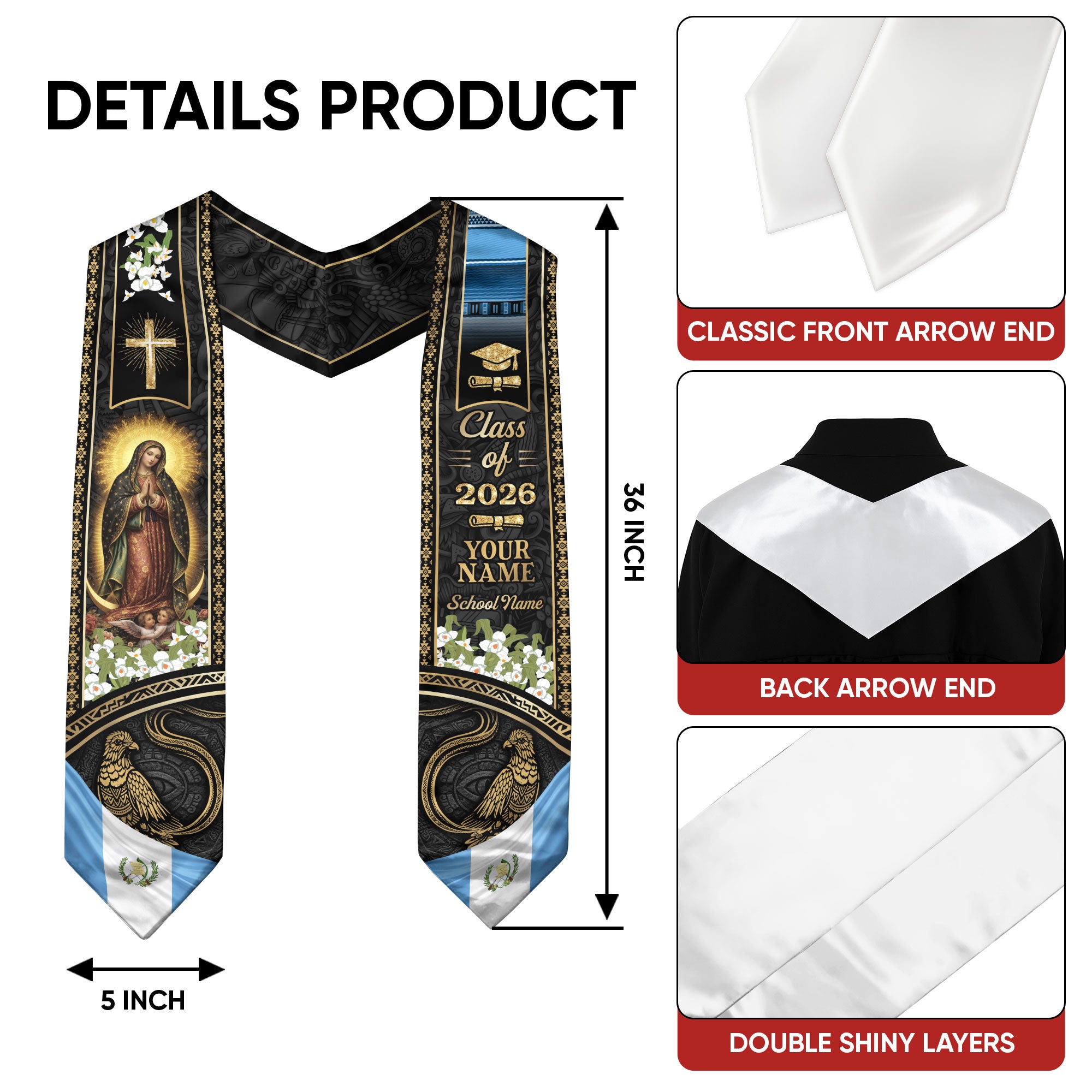 Customized Guatemala Graduation Stole Class of 2026 Name School Catholic Virgin Mary Quetzal Heritage Design
