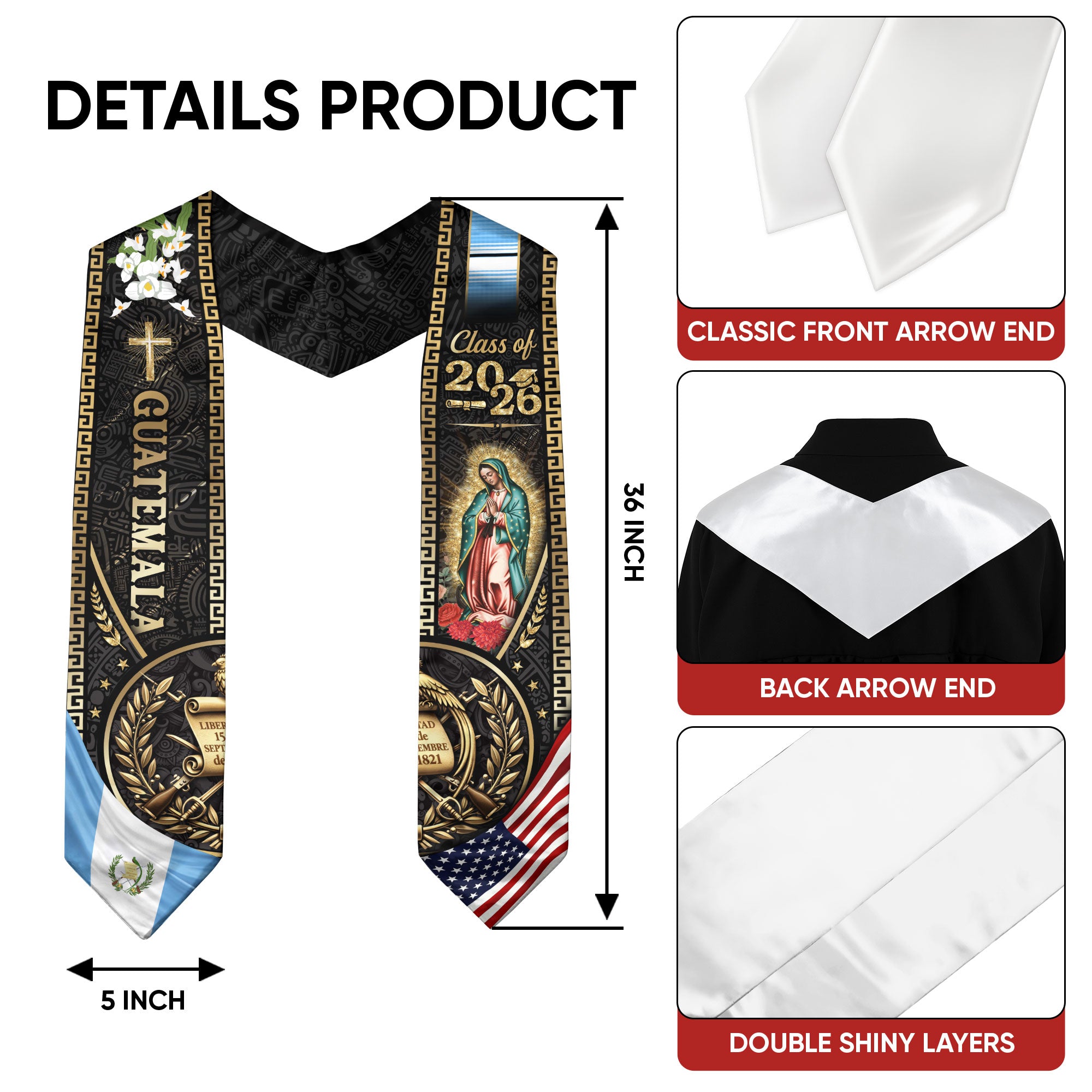 Guatemala Graduation Stole 2026, USA Guatemala Flag Graduation Sash, Catholic Virgin Mary Classic Academic Design