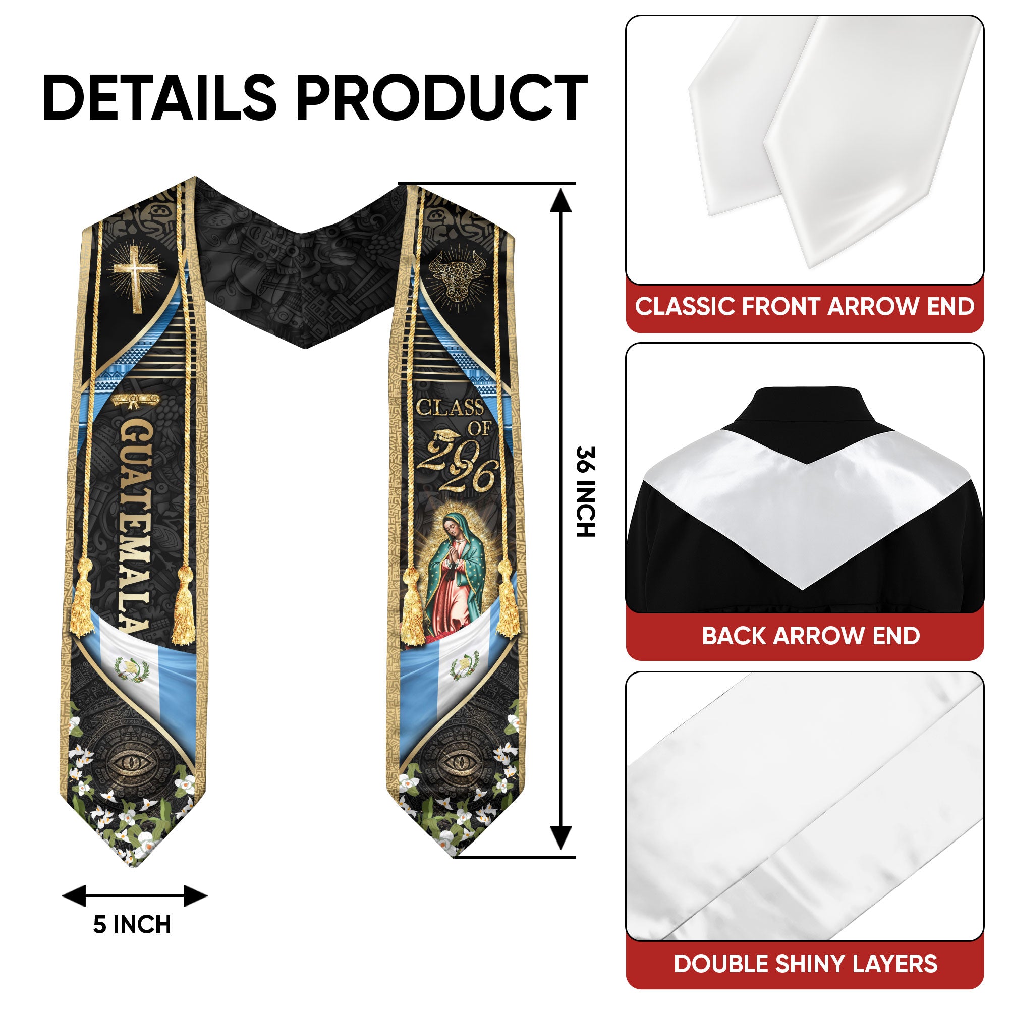Guatemala Graduation Stole 2026, Guatemalan Flag Ceremony Sash, Elegant Gold Academic Design
