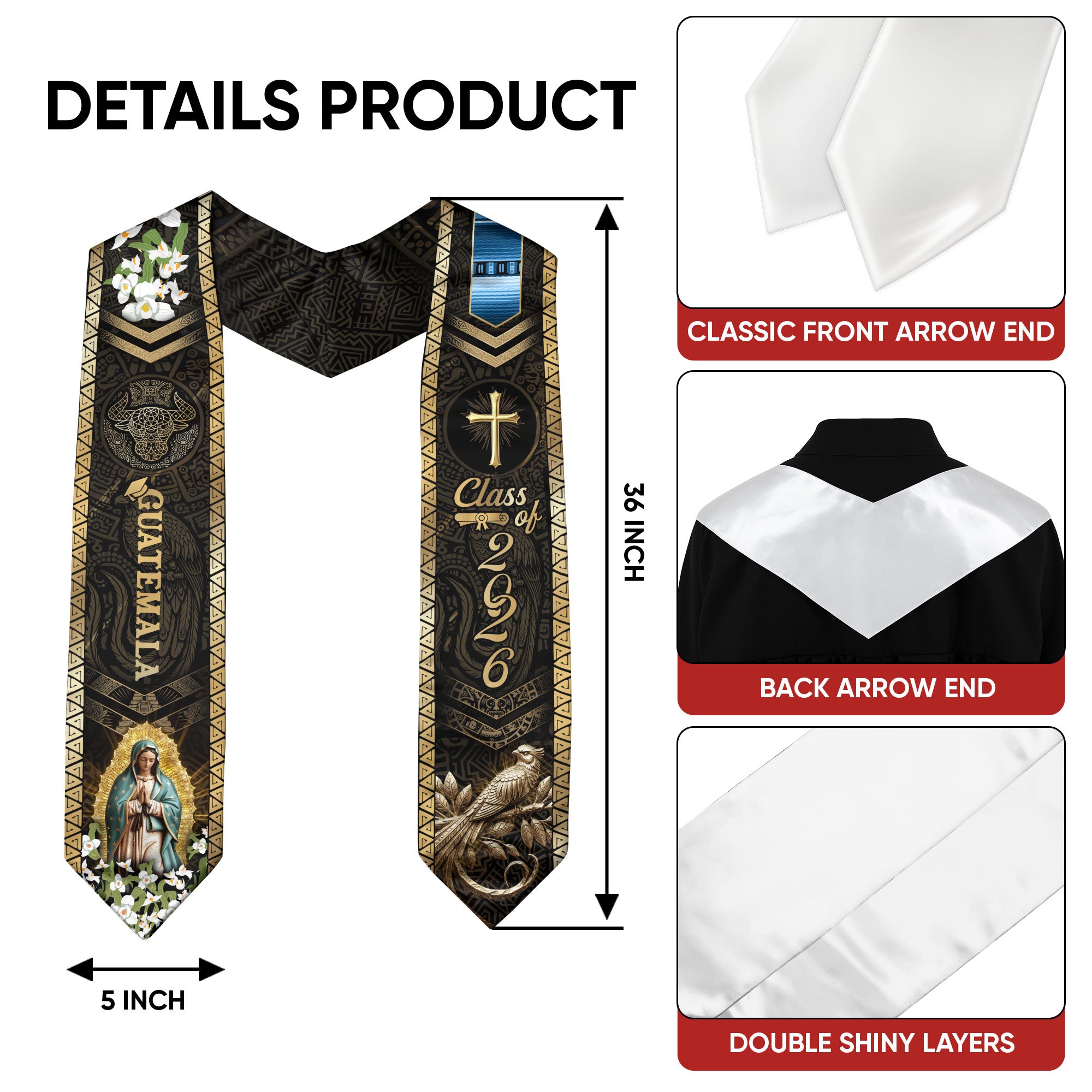 Guatemalan Graduation Stole 2026, Religious Academic Sash, Elegant Virgin Mary Design