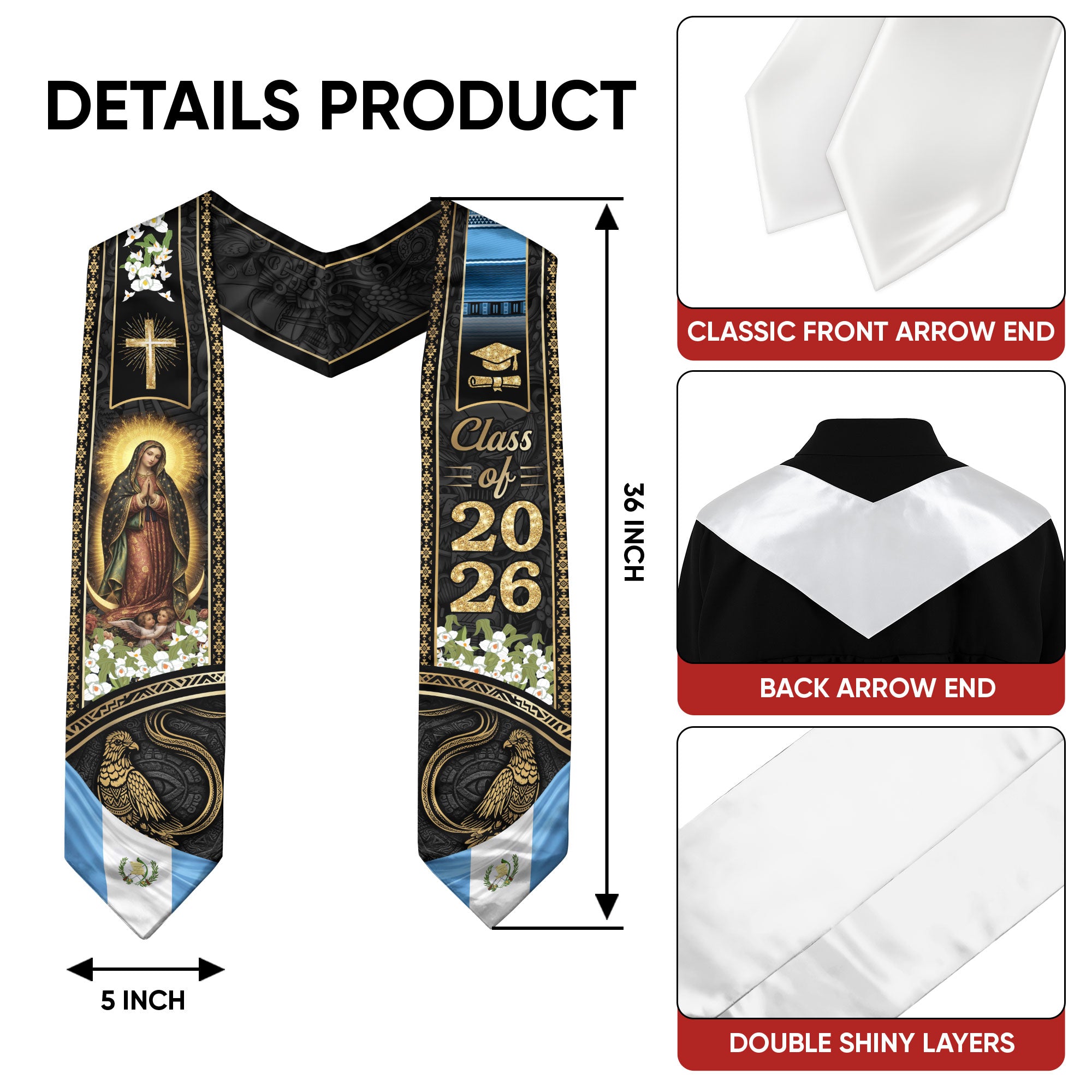 Guatemala Graduation Stole 2026, Guatemalan Flag Academic Sash, Faith Inspired Gold Design