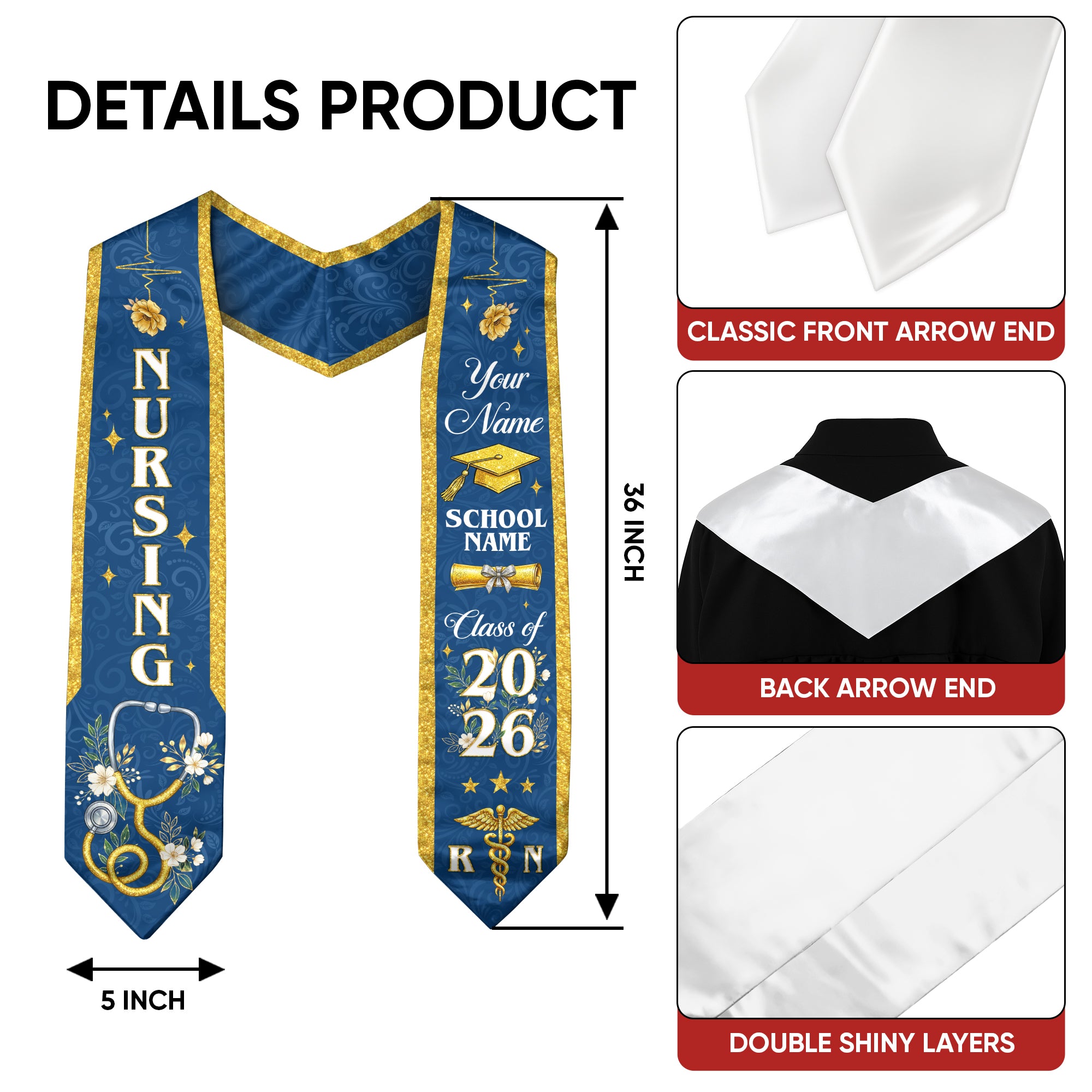 RN Nursing Graduation Stole, Class of 2026, Custom Name School, Stethoscope Pattern, Sash Gift
