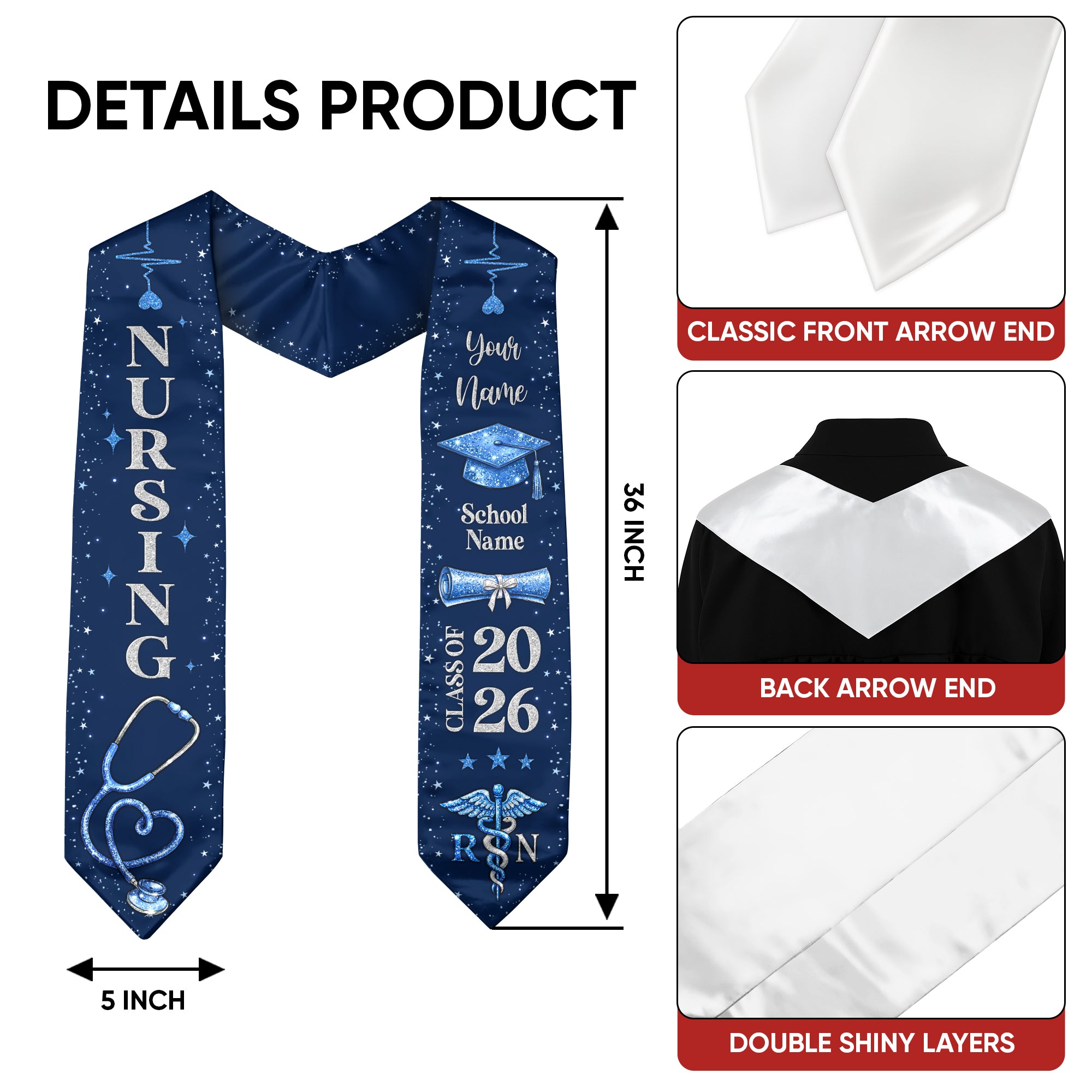 RN Nursing Graduation Stole, Class of 2026, Personalized Name and School, Heartbeat Design, Graduation Sash Gift