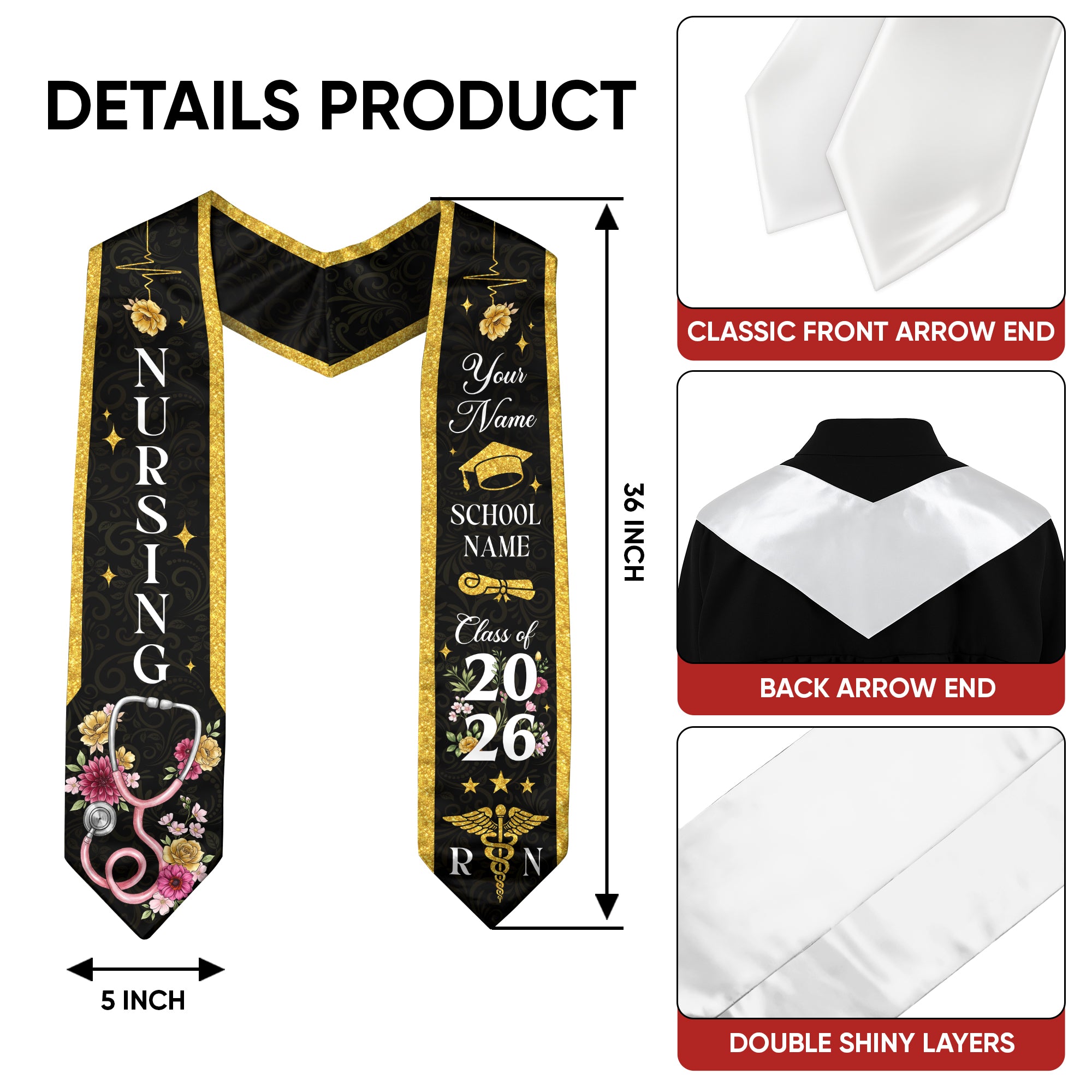 RN Graduation Stole Nursing Class of 2026, Custom Name School, Floral Medical Theme, Personalized Sash Gift