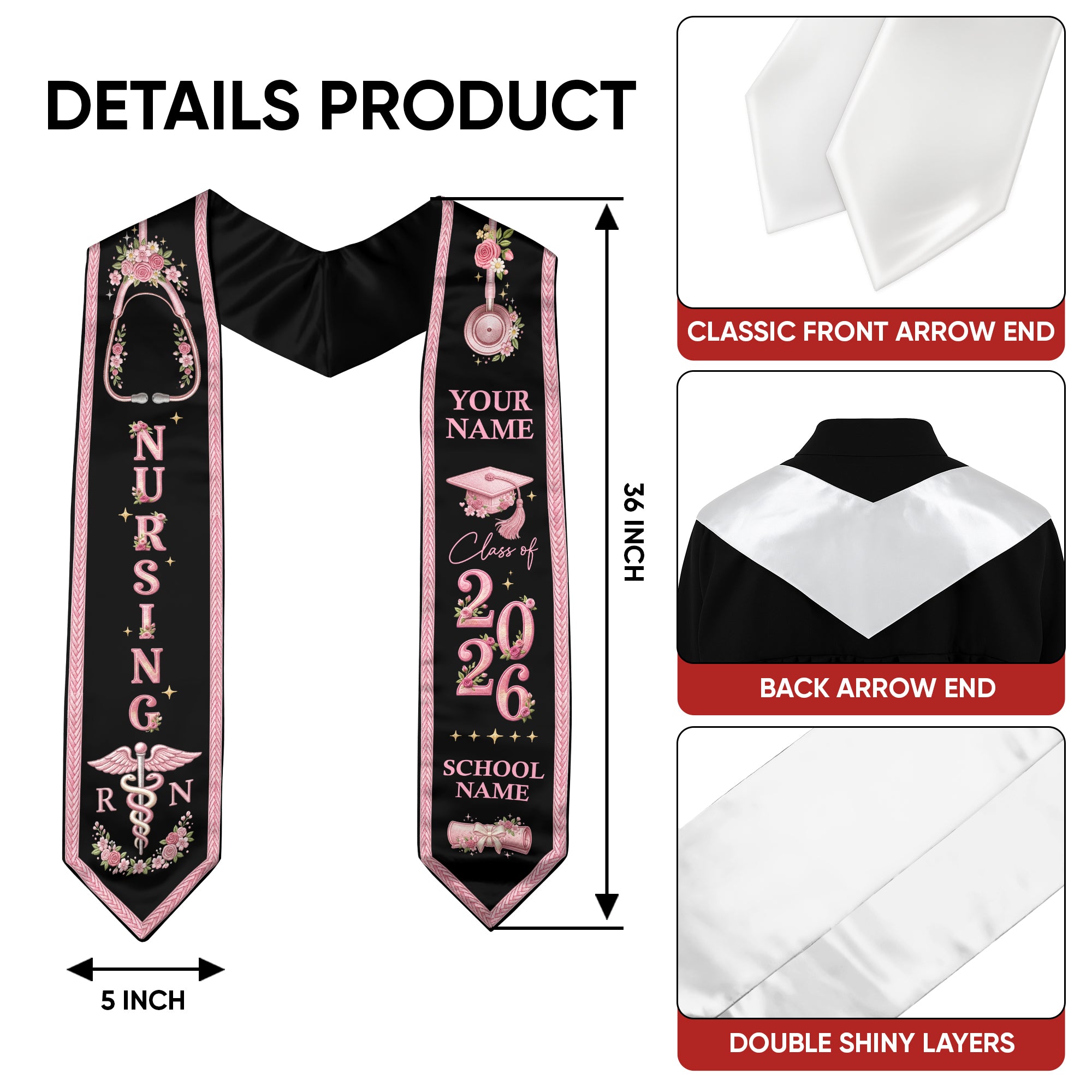 RN Nursing Stole Class of 2026, Personalized Graduation Sash, Custom Name School Detail, Elegant Medical Motif Gift