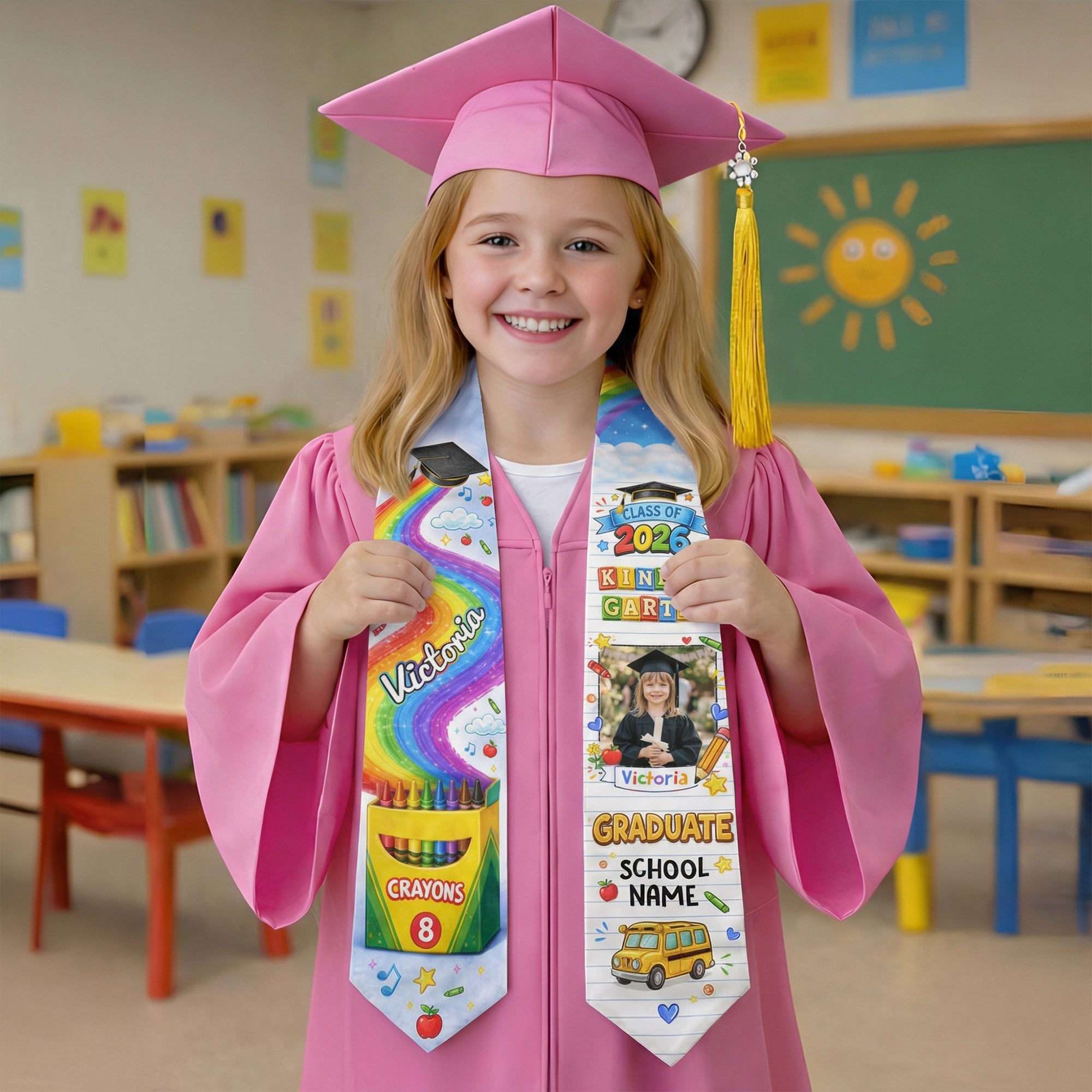 Personalized Graduation Stole for Kids - Custom Photo & School Name 2026 Rainbow Sash