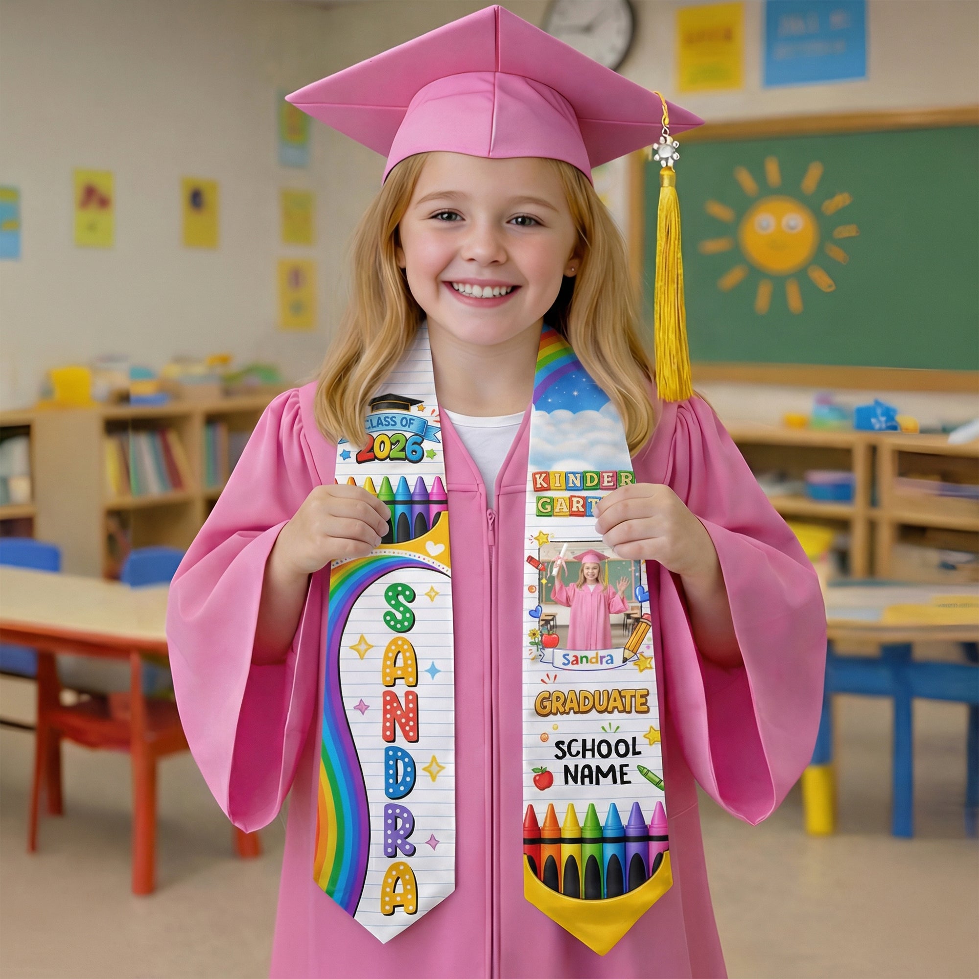 Custom Photo Graduation Stole Kids - Colorful Crayon Rainbow Sash 2026