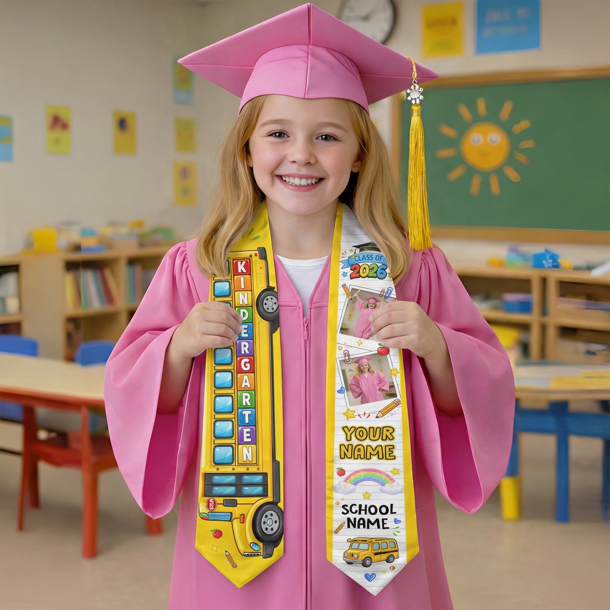 School Bus Kids Graduation Stole with Photo - Personalized Class of 2026 Sash