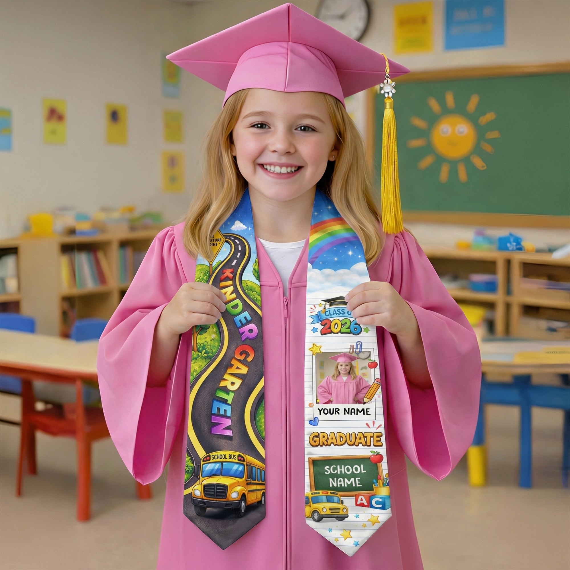 School Bus & Road Graduation Stole Kids - Personalized Photo Class of 2026