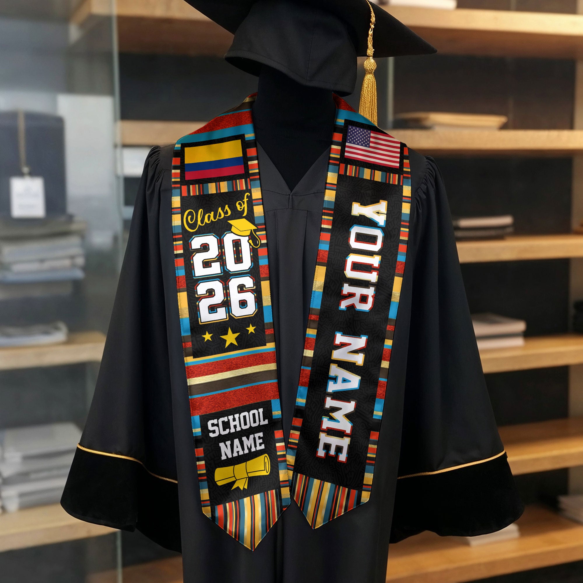 Colombia Graduation Stole 2026, Colombian Flag Sash, Custom Accent Graduation Stole 2026