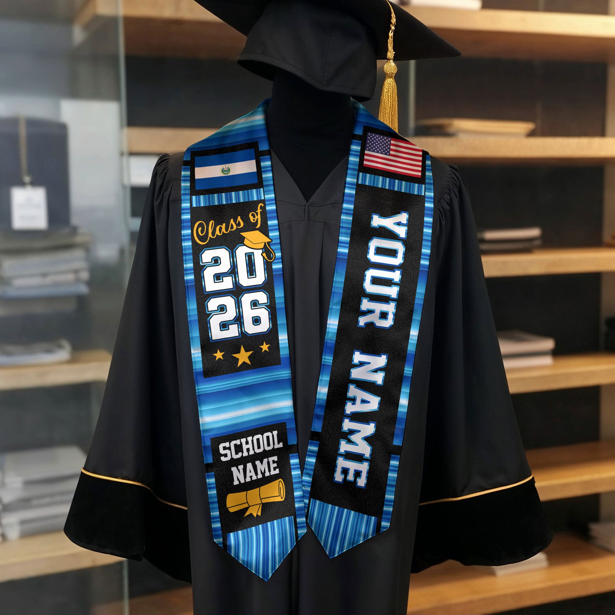 El Salvador Graduation Stole 2026, El Salvador Flag Sash, Custom Accent Grad Stole 2026