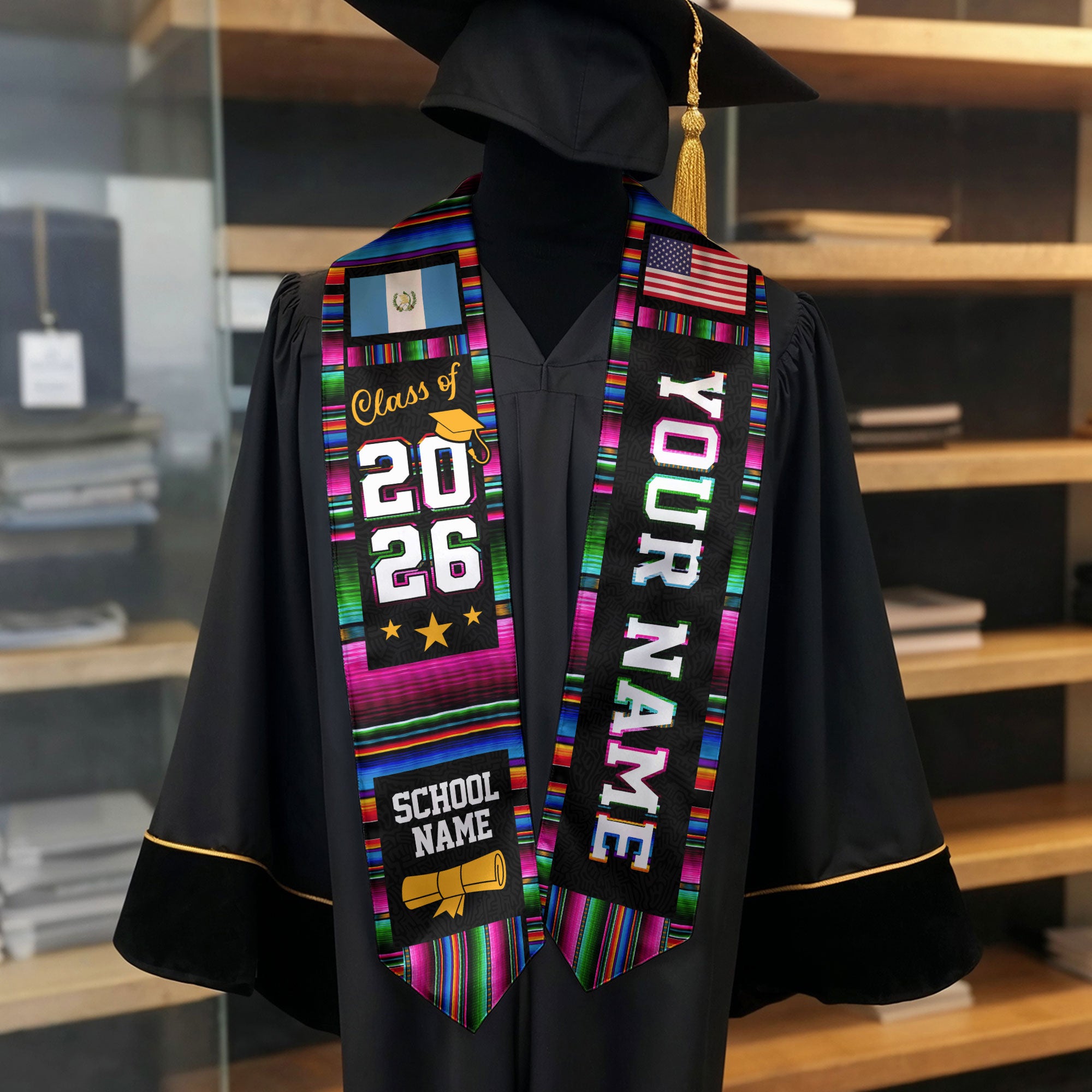 Guatemala Graduation Custom Stole 2026, Guatemalan Flag Sash, Graduation Stole with Custom Accent