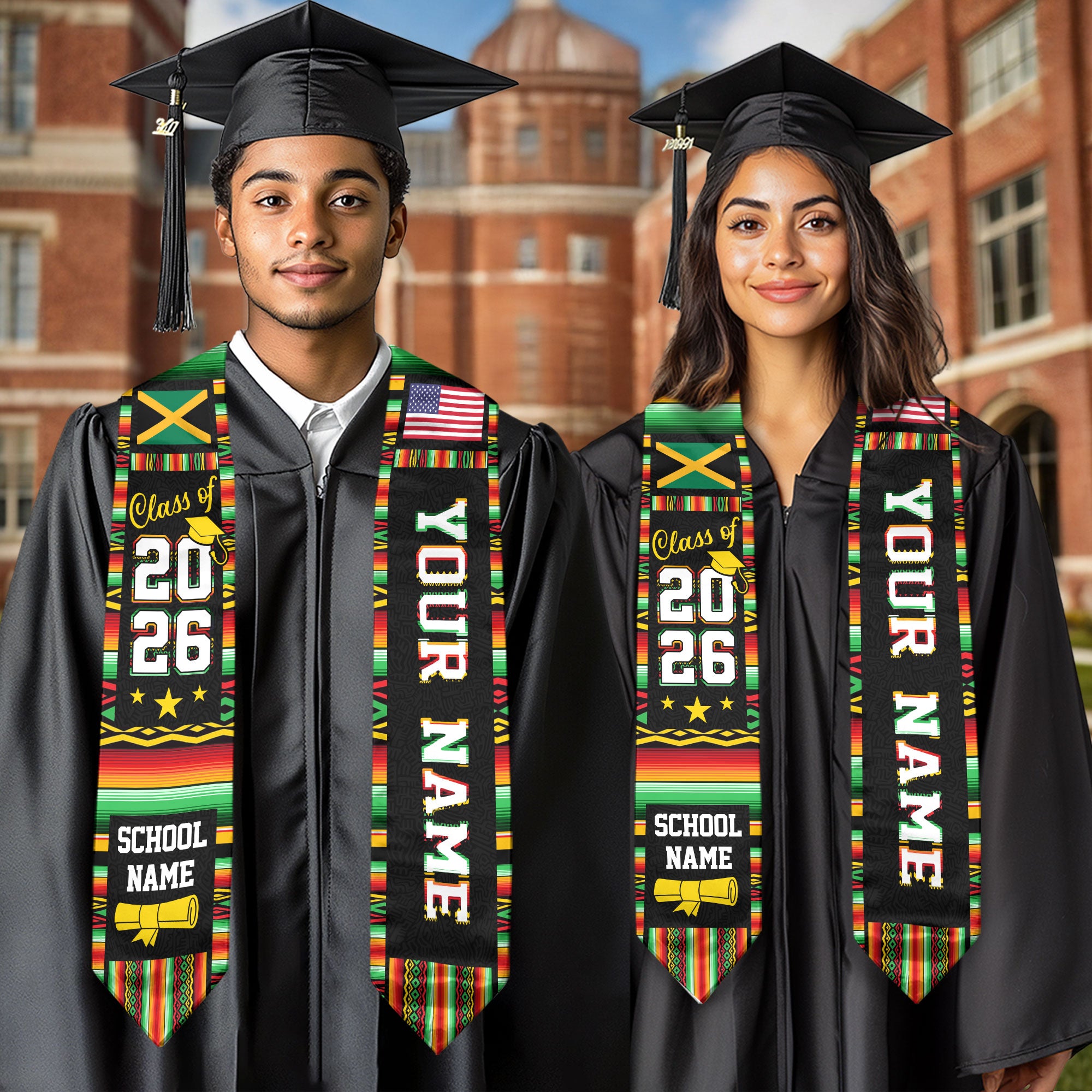 Jamaica Graduation Stole 2026, Jamaican Flag Sash, Class of 2026 Custom Trim for Grads