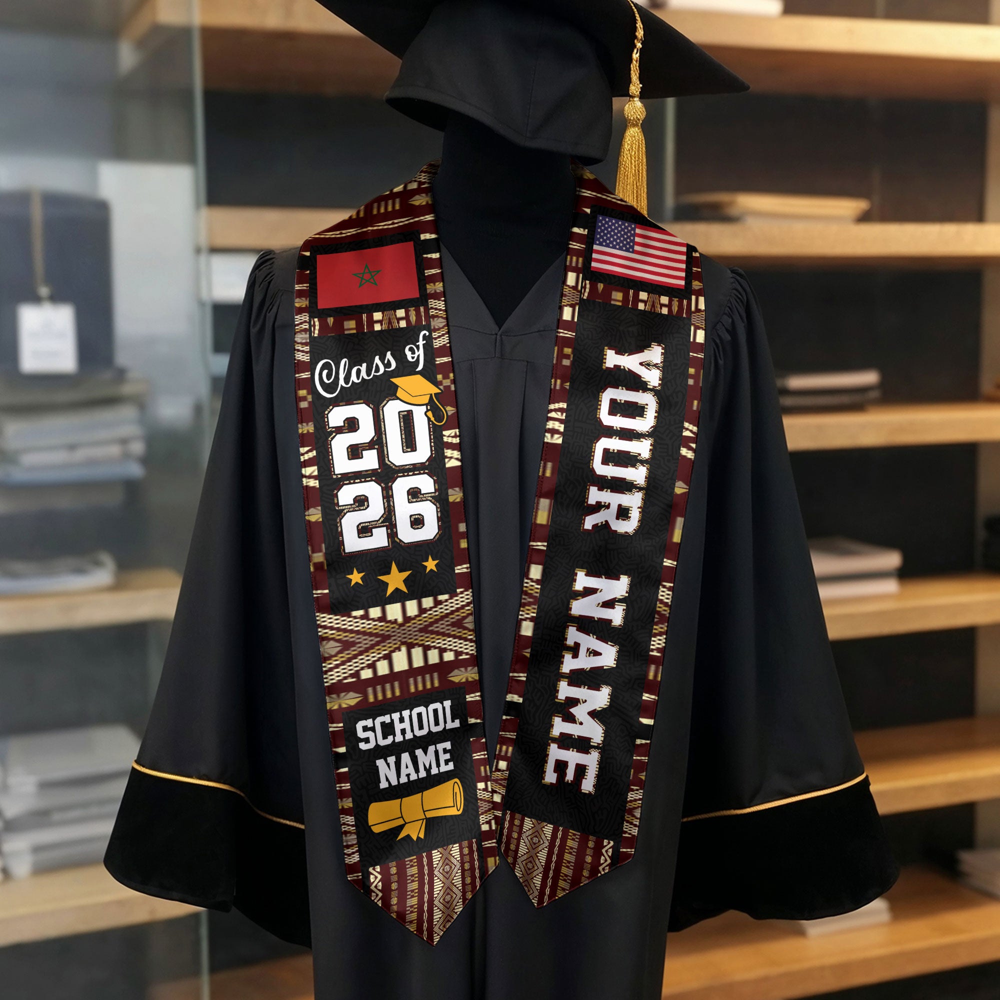 Morocco Graduation Stole 2026, Moroccan Flag Sash, Class of 2026 Custom Trim for Grads