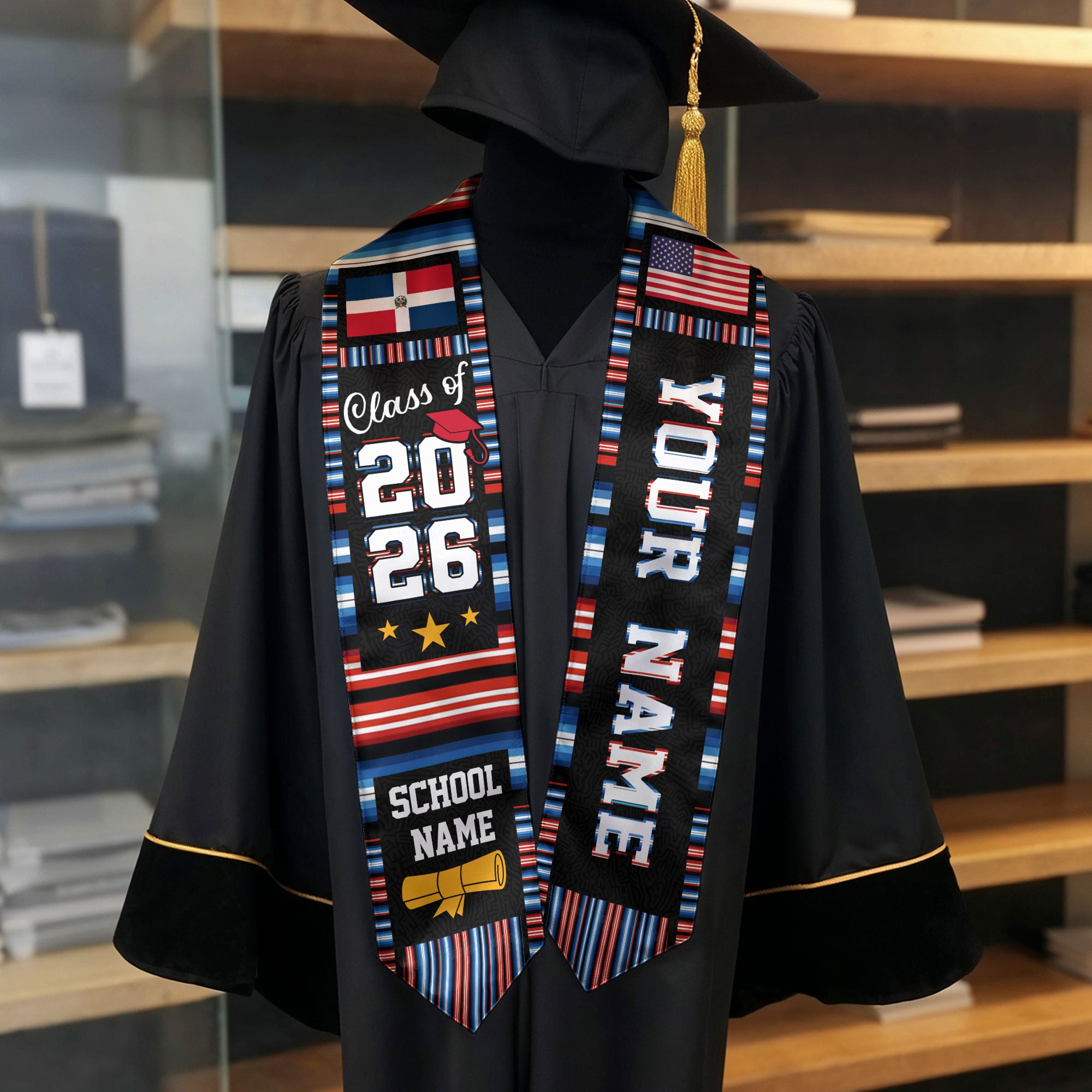 Dominican Republic Graduation Stole 2026, Dominican Republic Flag Graduation Sash, Custom Accent Grad Stole