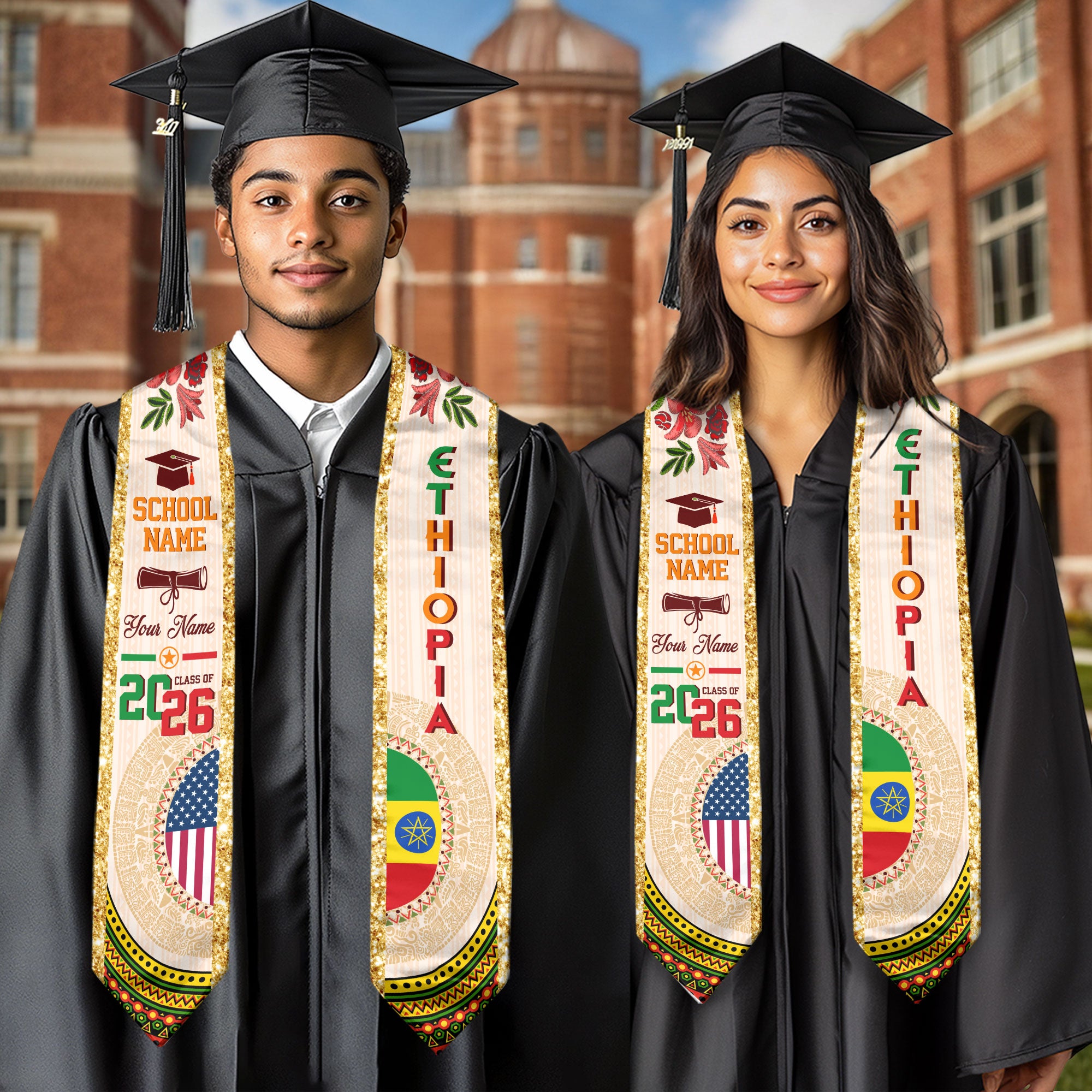 Ethiopian Flag Graduation Sash 2026, Ethiopia Graduation Stole, Customizable Detail Stole
