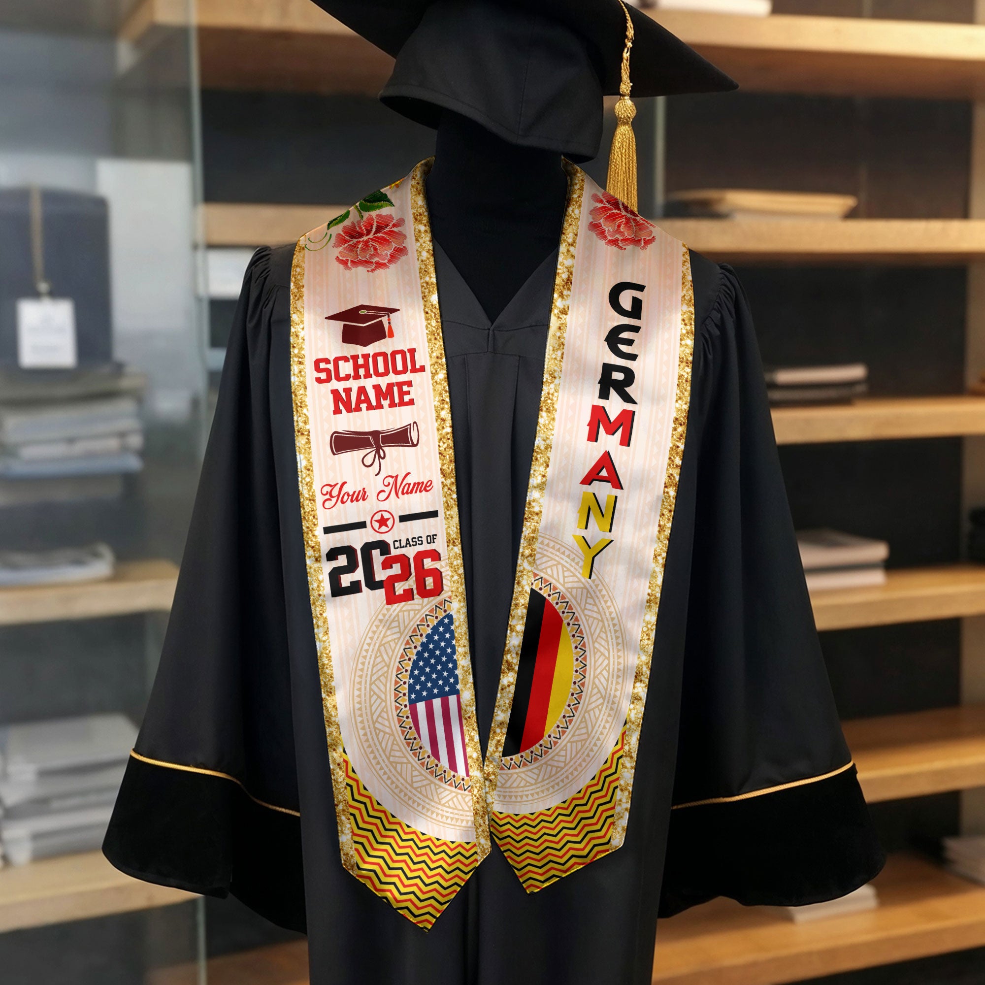 German Flag Graduation Sash 2026, Germany Graduation Stole, Customizable Detail Stole