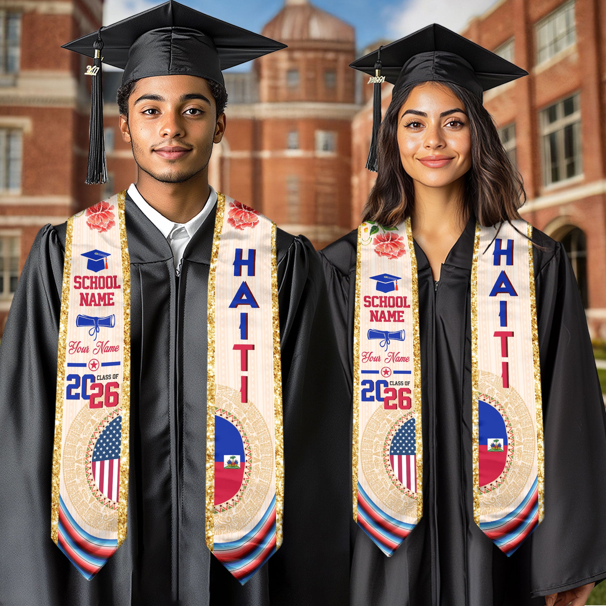 Haiti Flag Graduation Sash 2026, Haitian Stole for Grads, Custom Detail Option 2026