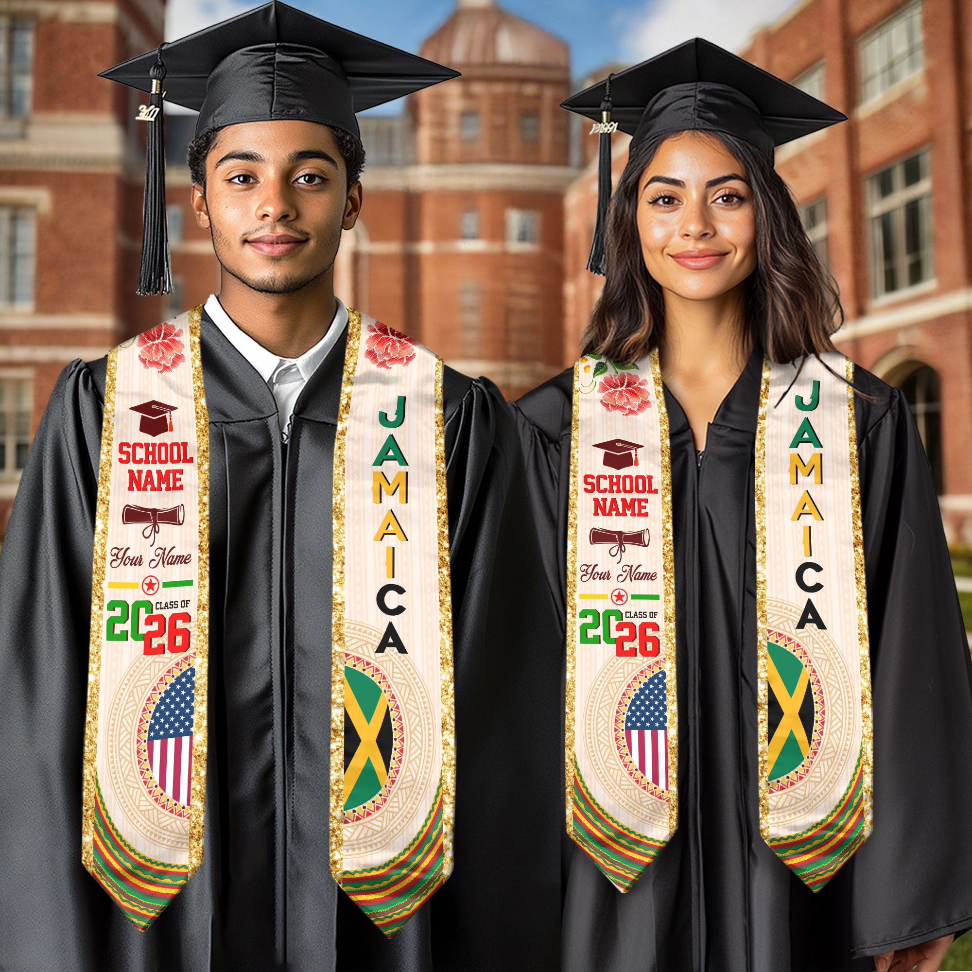 Jamaican Flag Graduation Sash 2026, Jamaica Stole, Custom Detail Option for Graduates