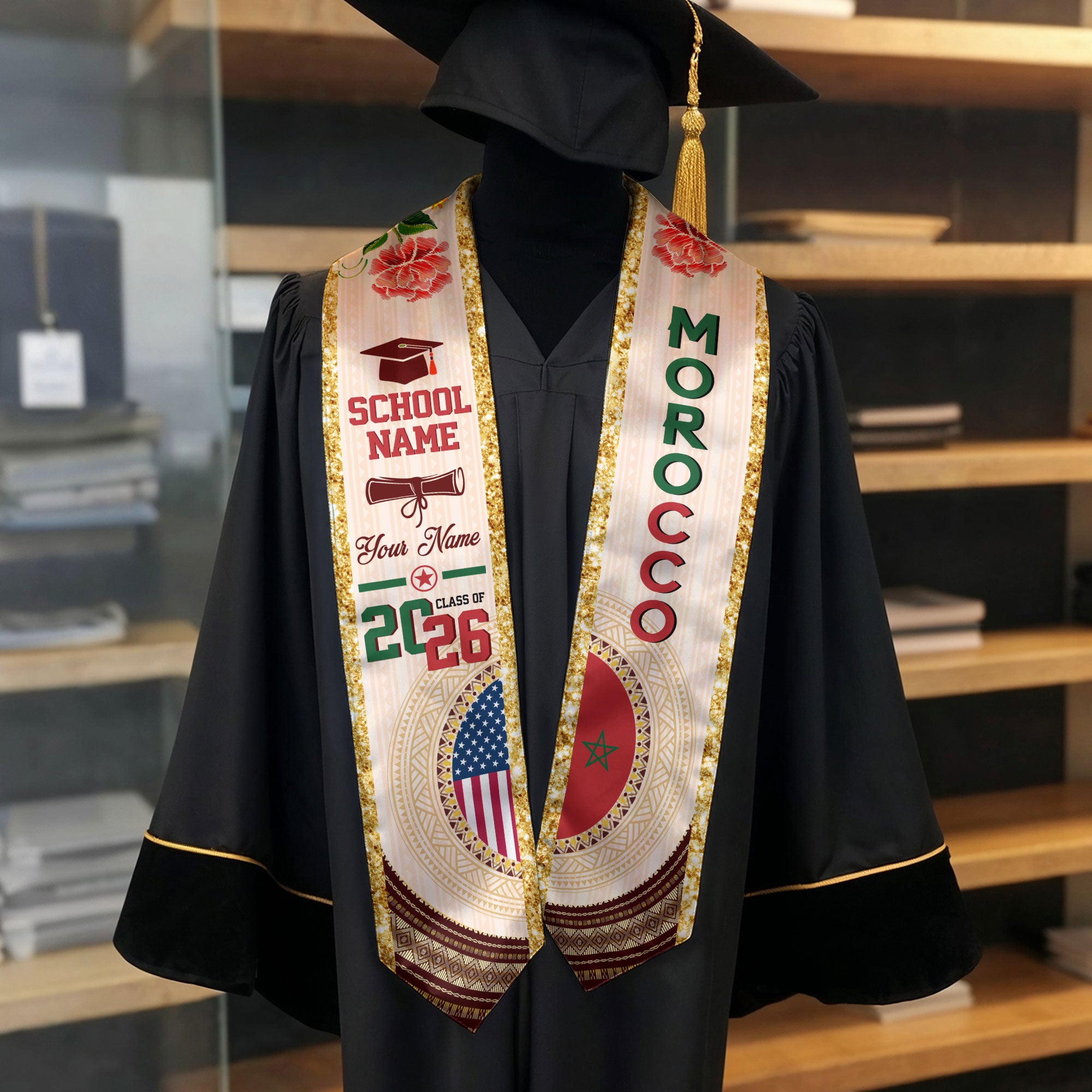 Moroccan Flag Graduation Sash 2026, Morocco Stole, Custom Detail Option for Graduates